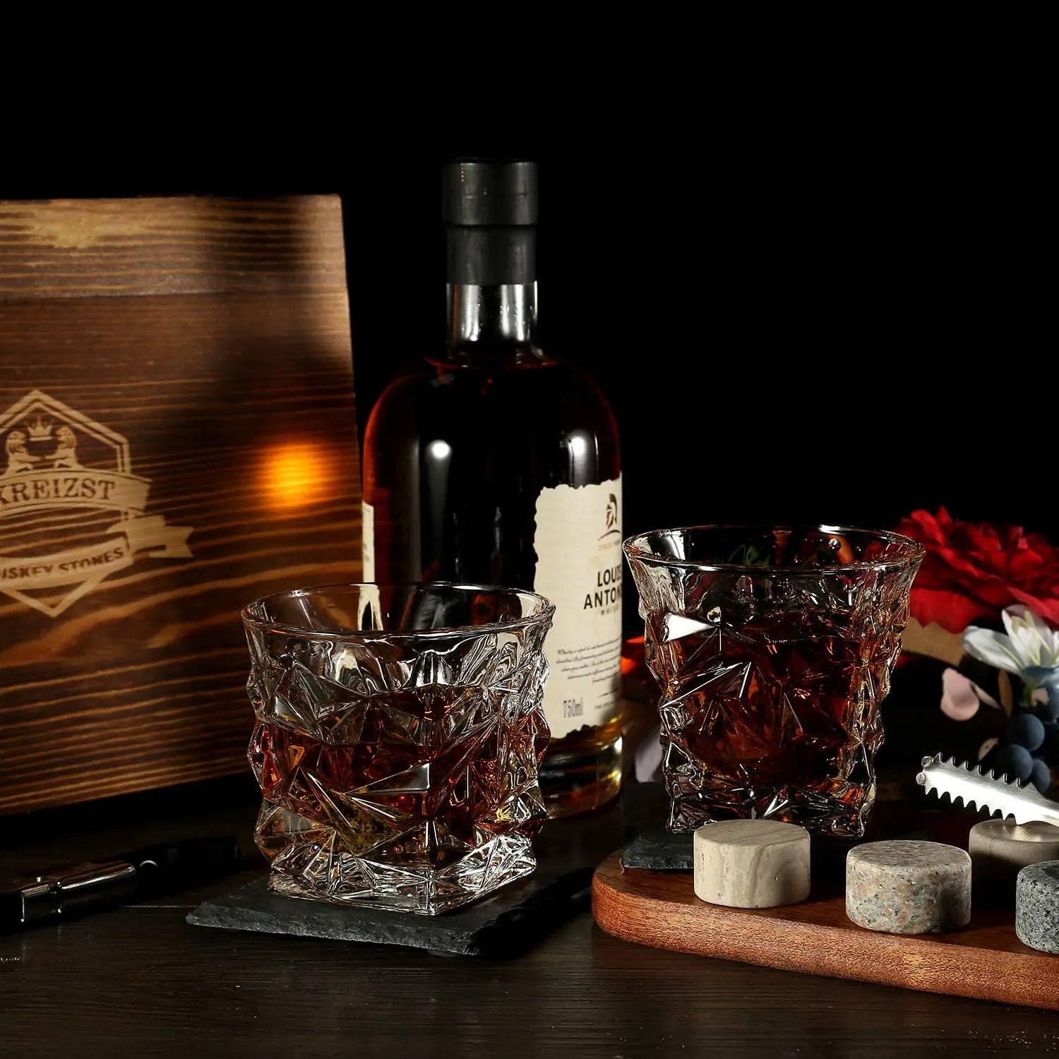 Whiskey Stones & Glasses Set, Granite Ice Cube For Whisky