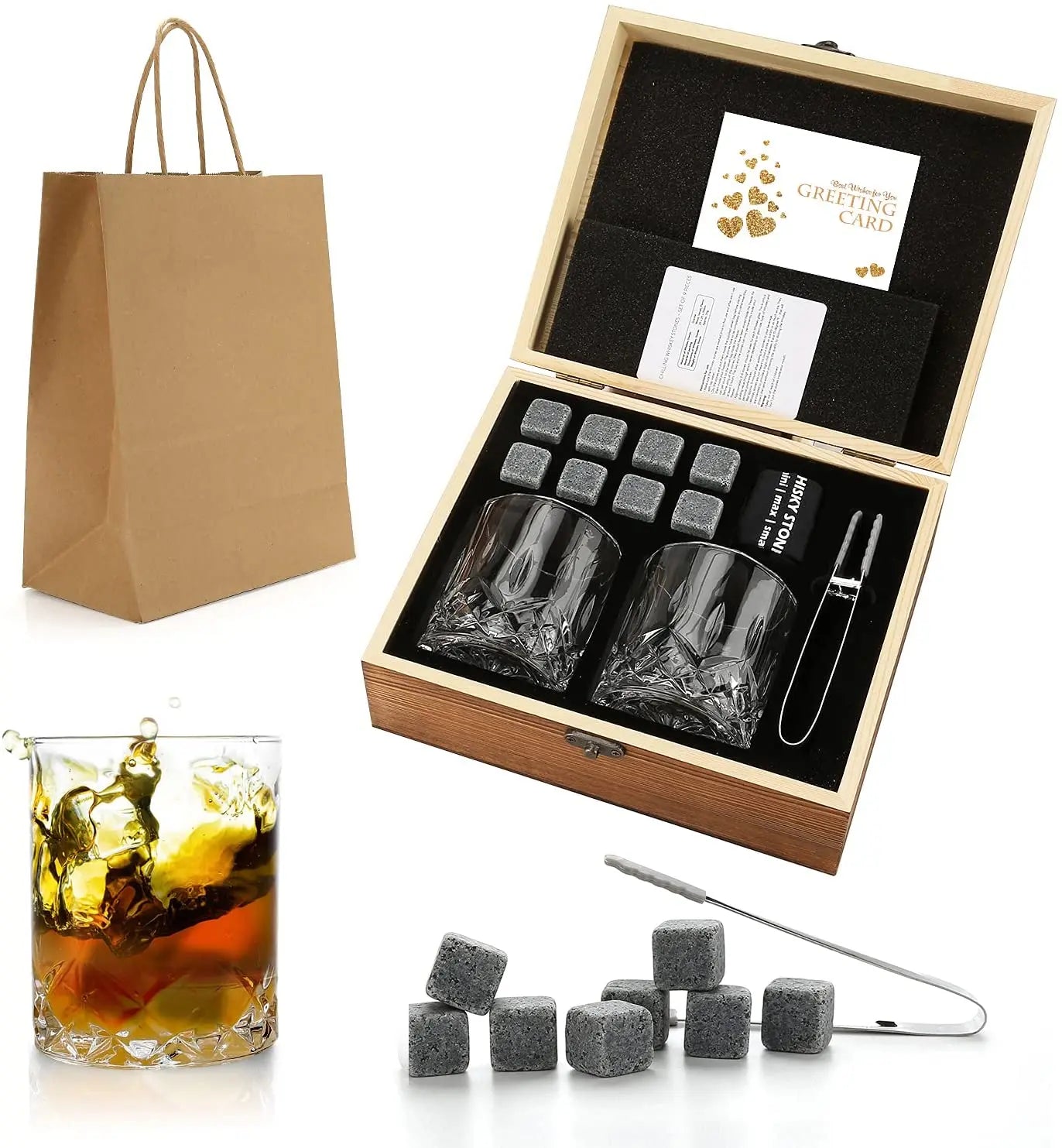 Whiskey Stones & Glasses Set, Granite Ice Cube For Whisky