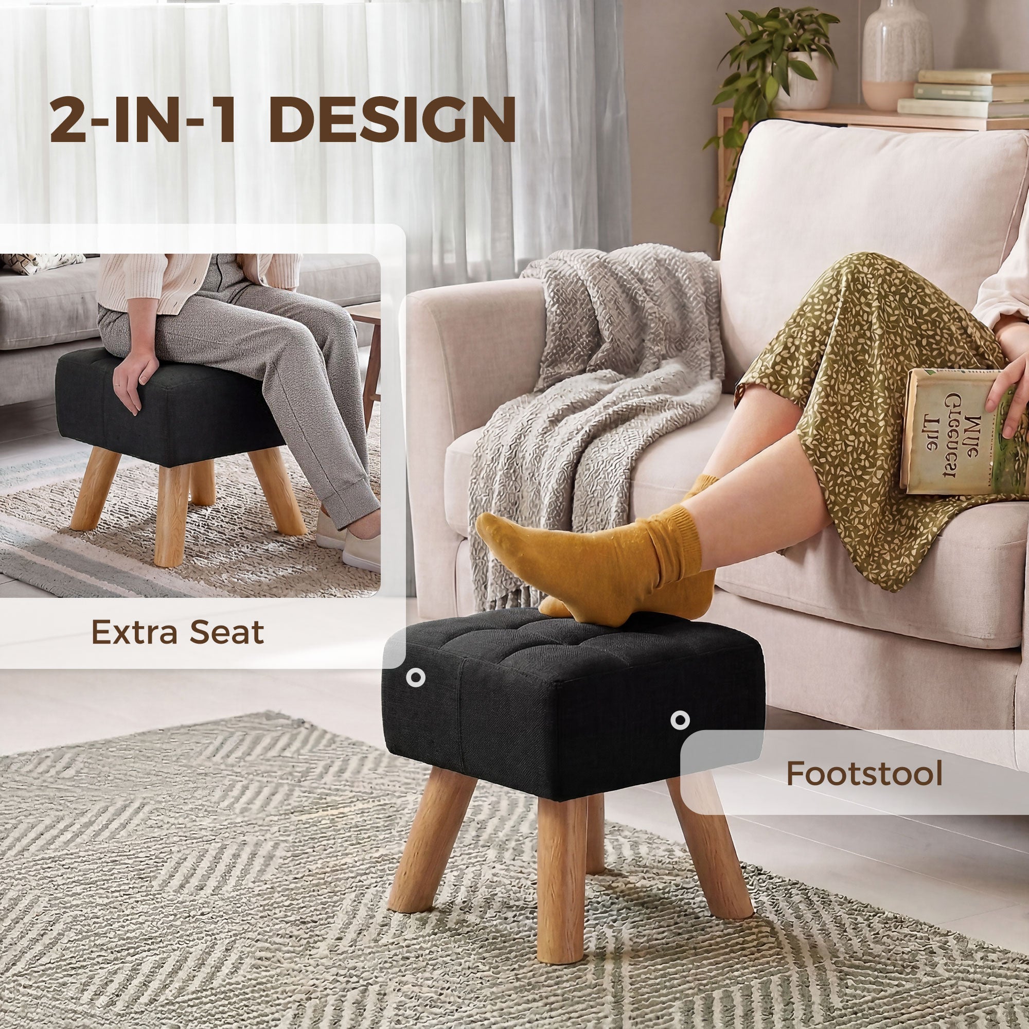 Linen-Look Square Padded Footstool - Black