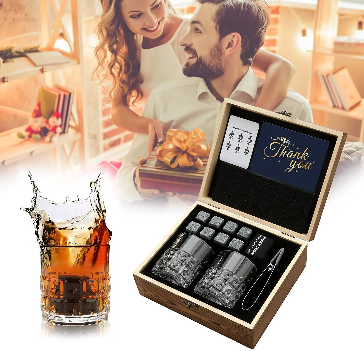 Whiskey Stones & Glasses Set, Granite Ice Cube For Whisky