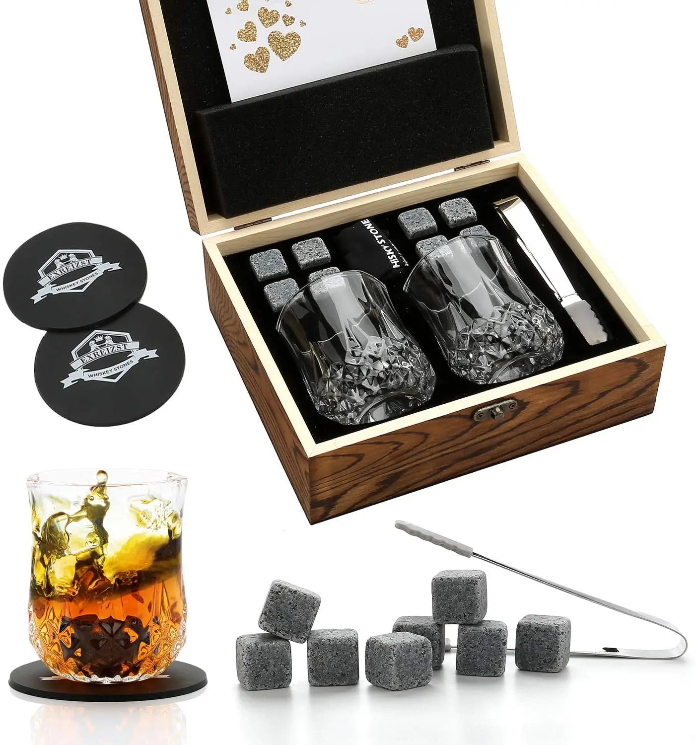 Whiskey Stones & Glasses Set, Granite Ice Cube For Whisky