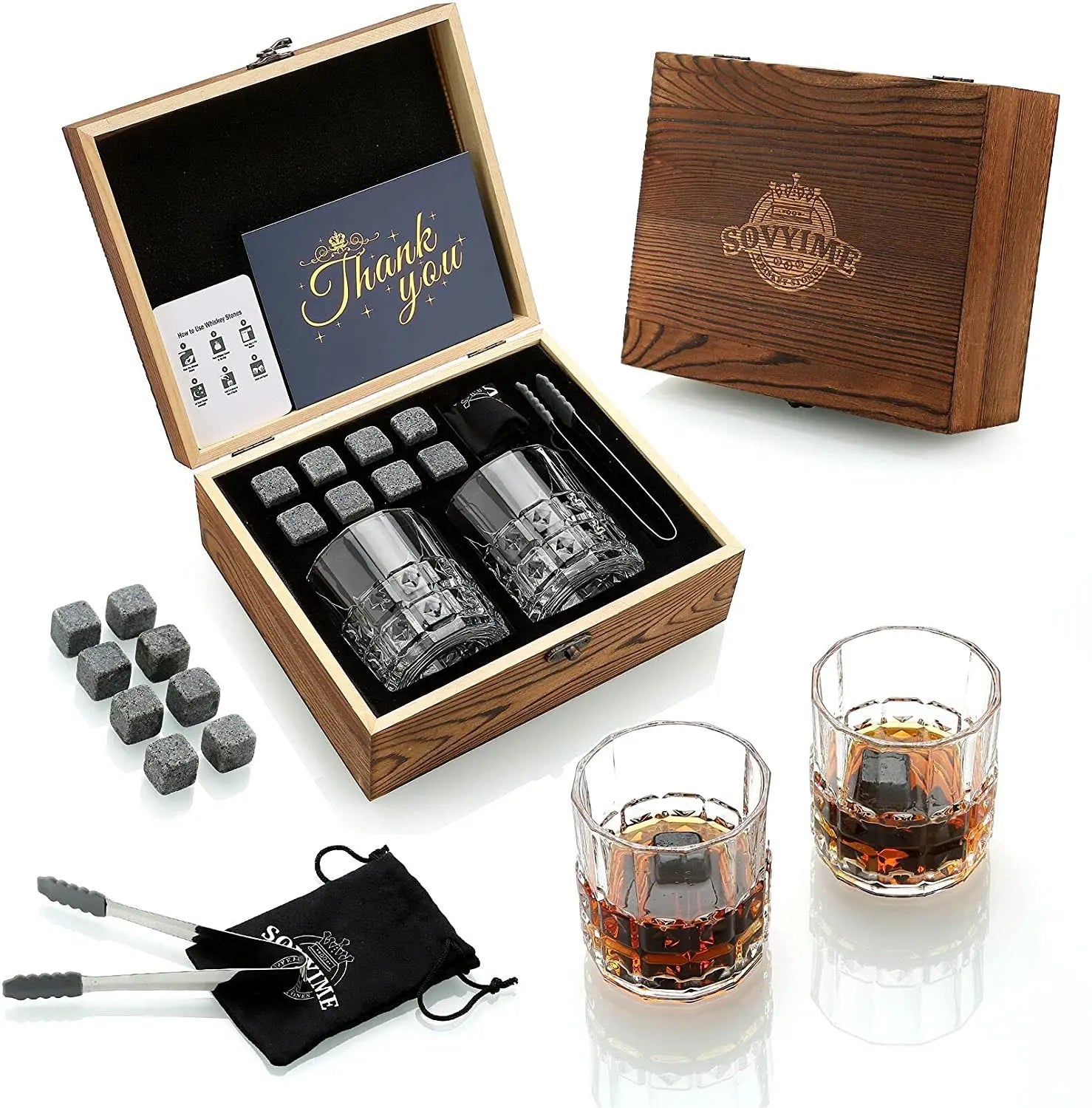 Whiskey Stones & Glasses Set, Granite Ice Cube For Whisky