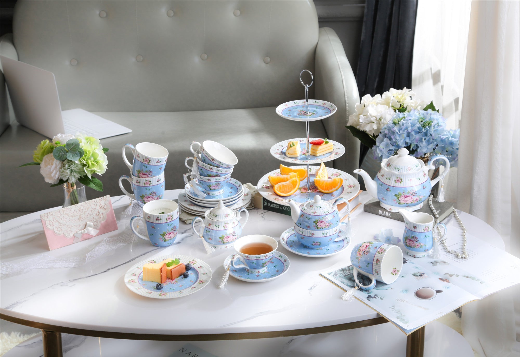 3 Tier Cake Plate Stand, Porcelain - Chic Vintage Floral - Gift Box (Blue Rose)