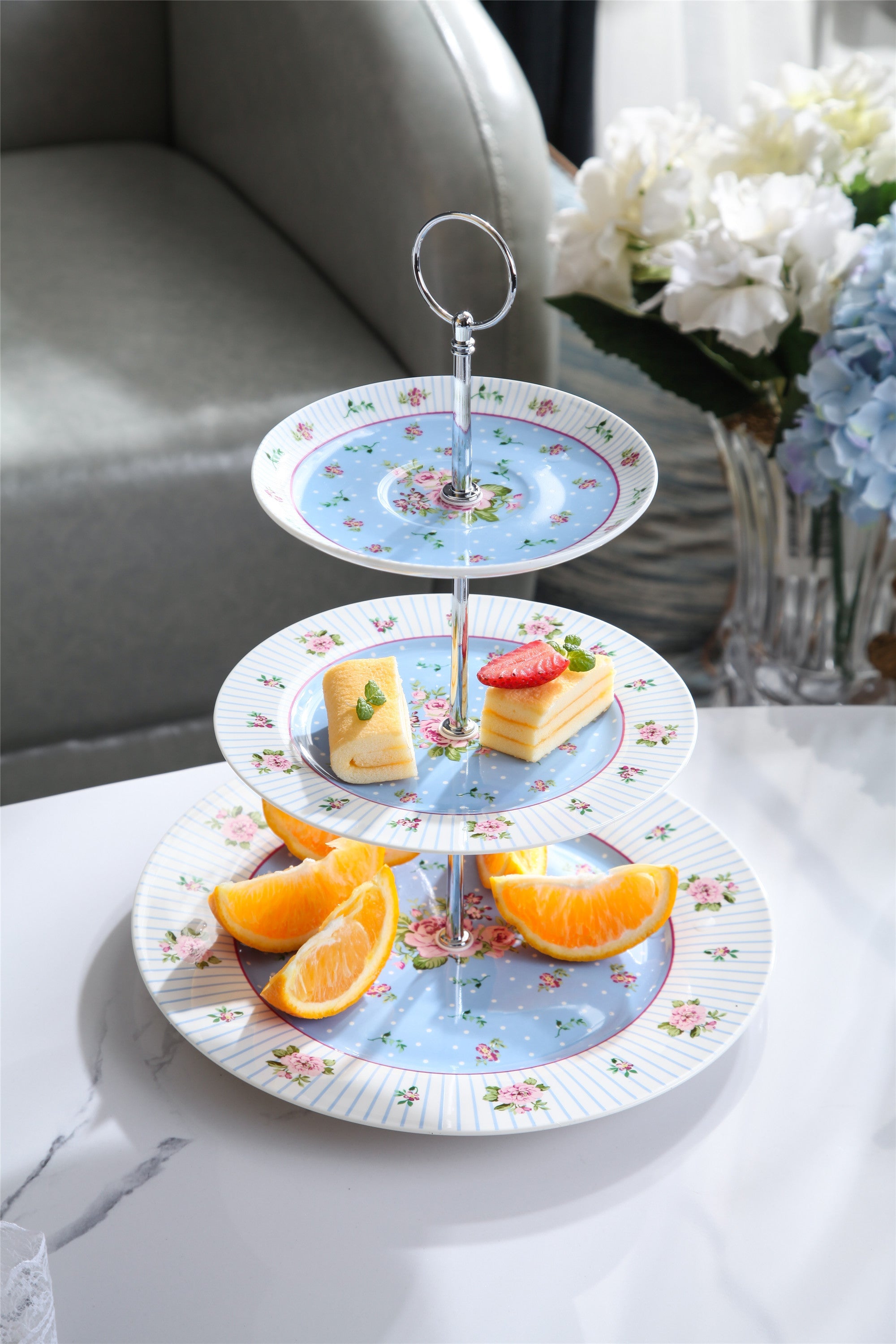 3 Tier Cake Plate Stand, Porcelain - Chic Vintage Floral - Gift Box (Blue Rose)