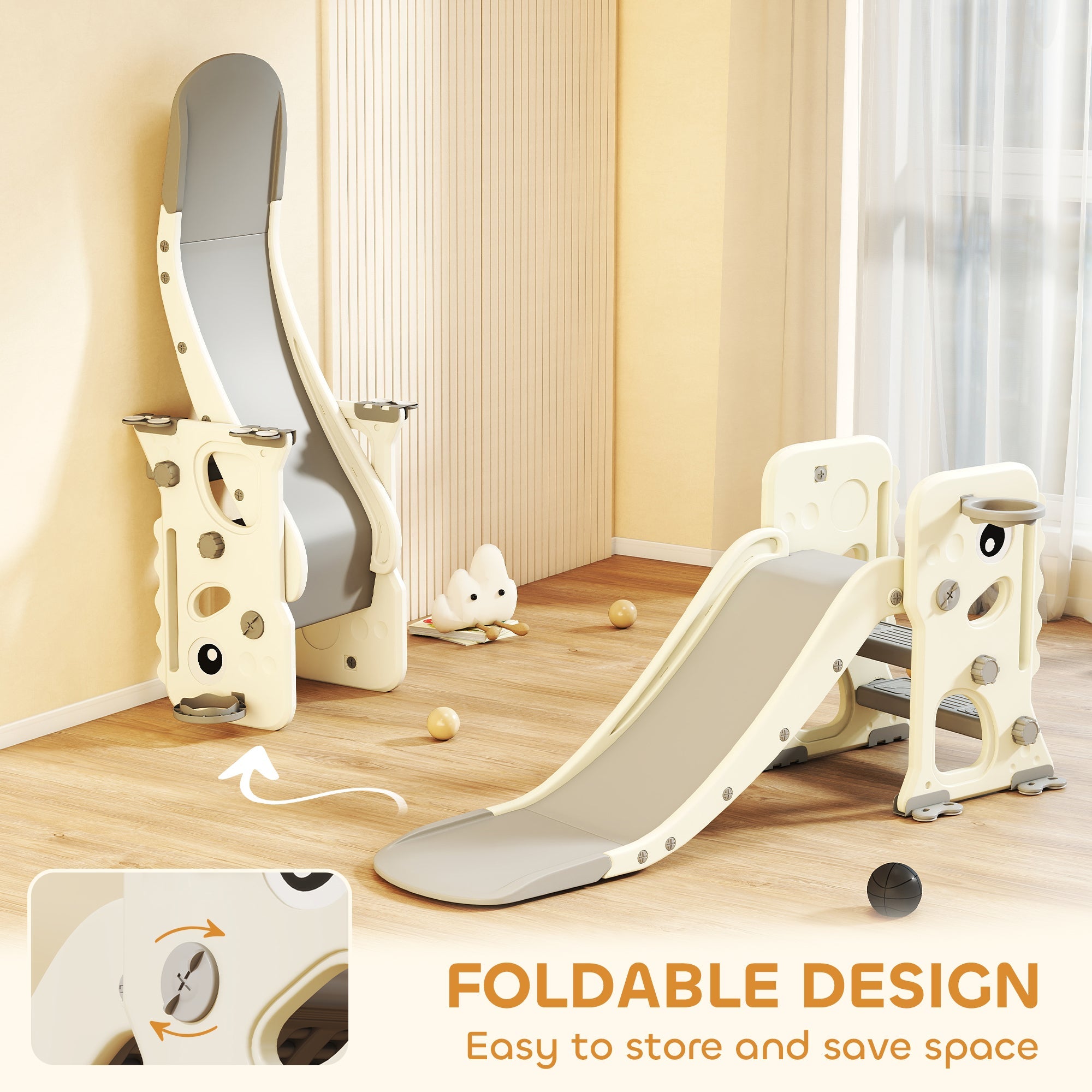 3 in 1 Kids Slide with Climber, Basketball Hoop and Ball, Foldable, Ages 2-5