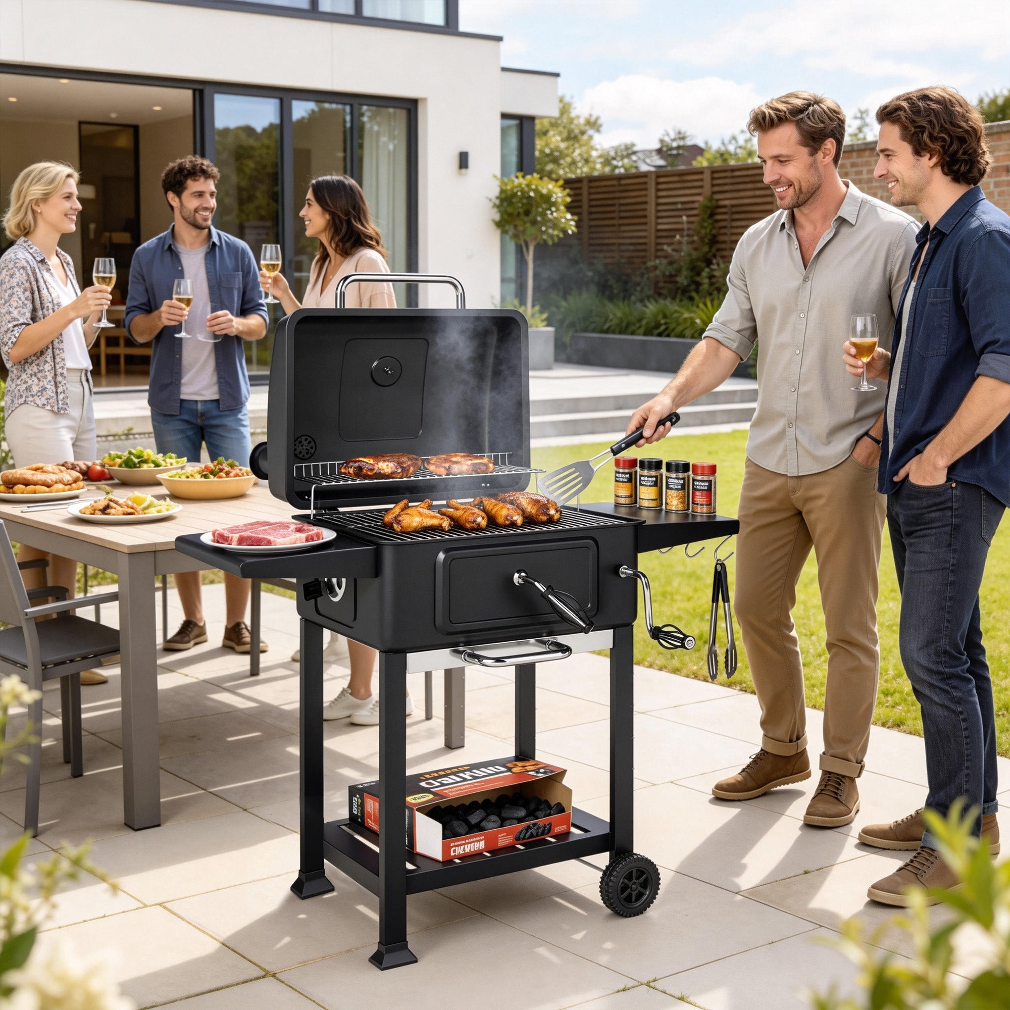 Charcoal BBQ Grill with Adjustable Charcoal Panwith Side Tables
