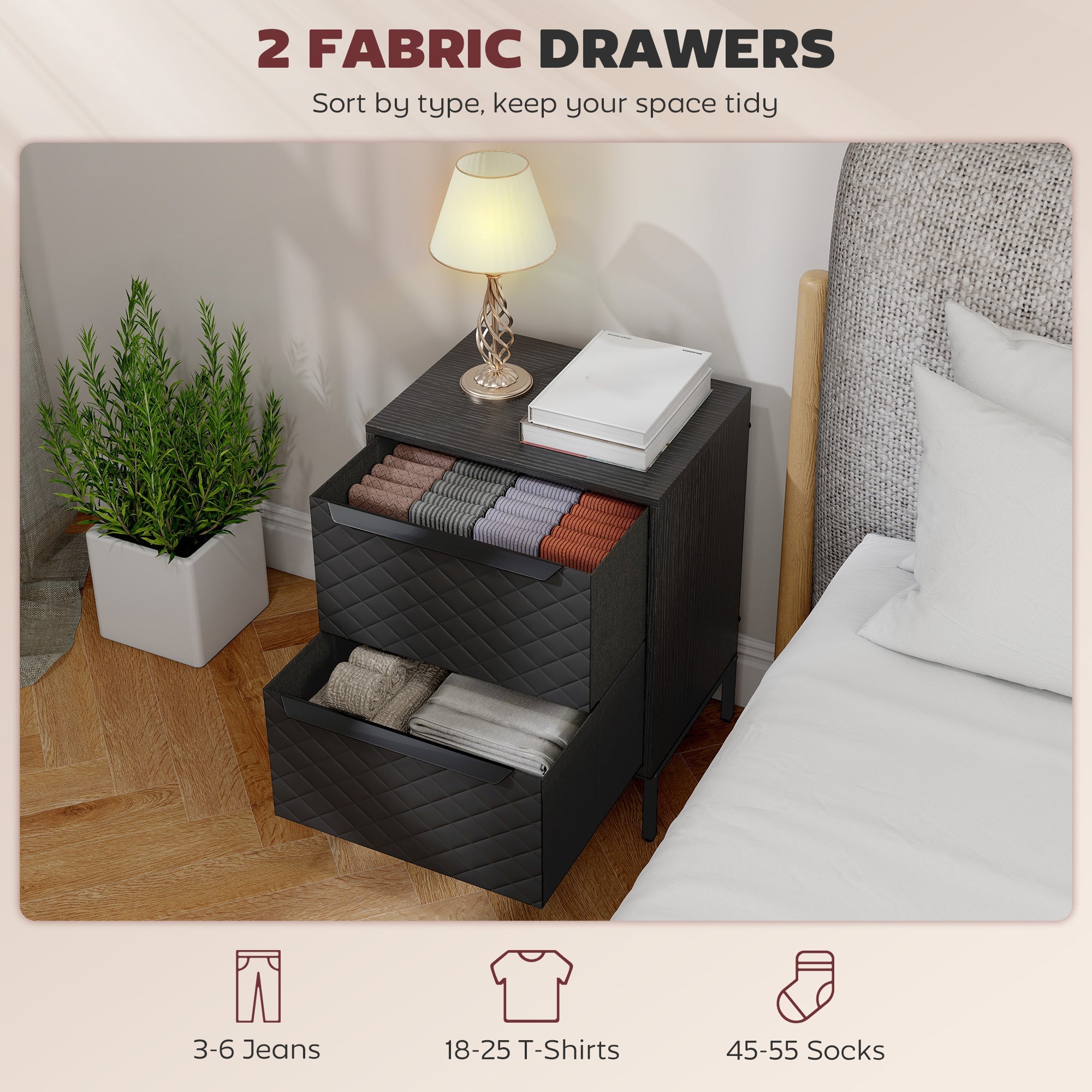 Chest of Drawers, Dresser with 2 Fabric Drawers - Black