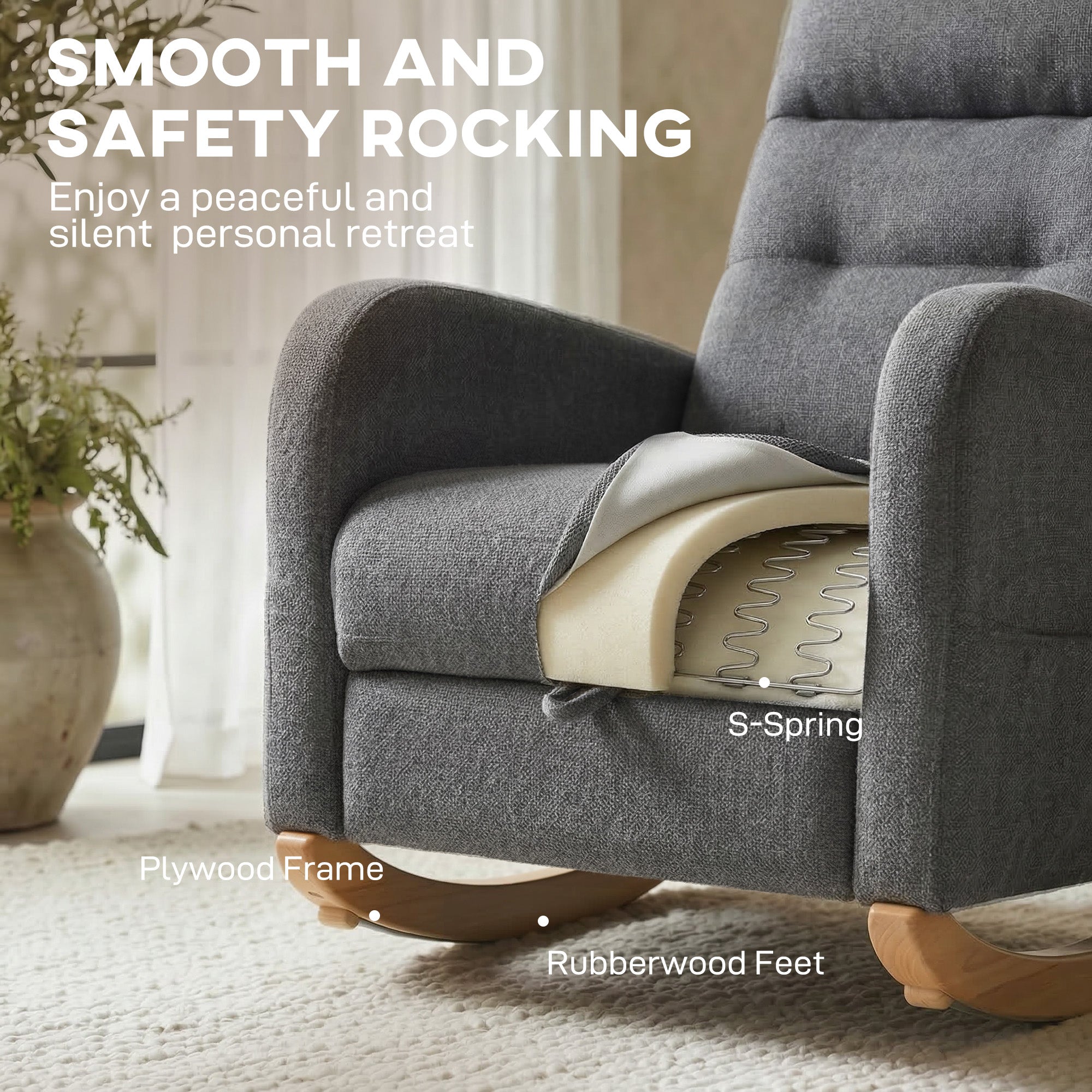 Rocking Chair Retractable Footrest - High Back for Living Room - Grey