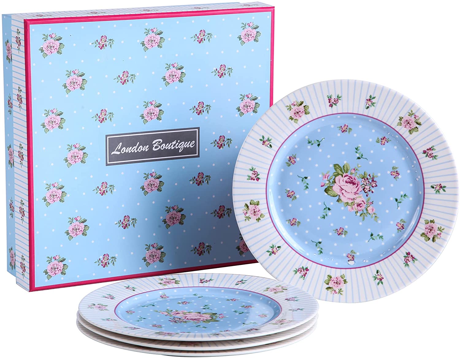 Porcelain Gift Set -  4 Cake Plates , Fine China - Chic Vintage Floral - Gift Box (Blue Rose)