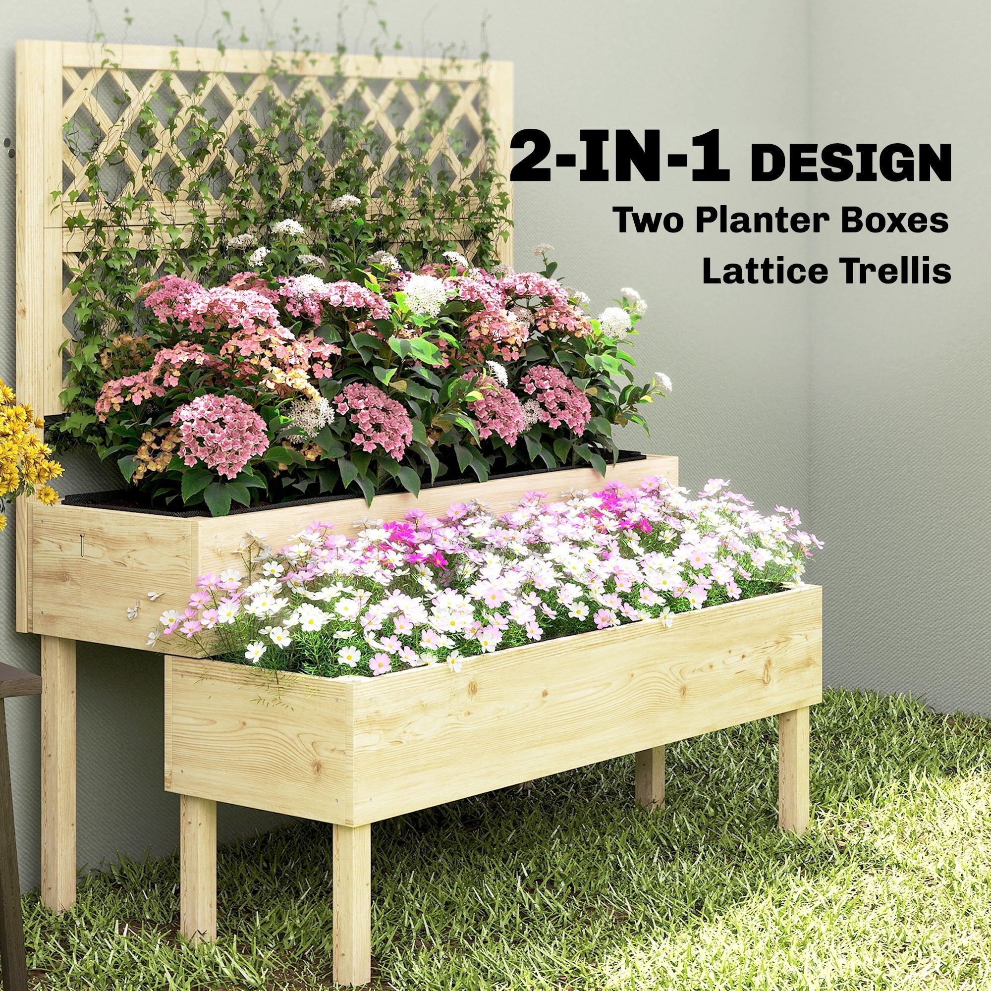 2-Tier Stepped Garden Bed with Trellis for Climbing Plants