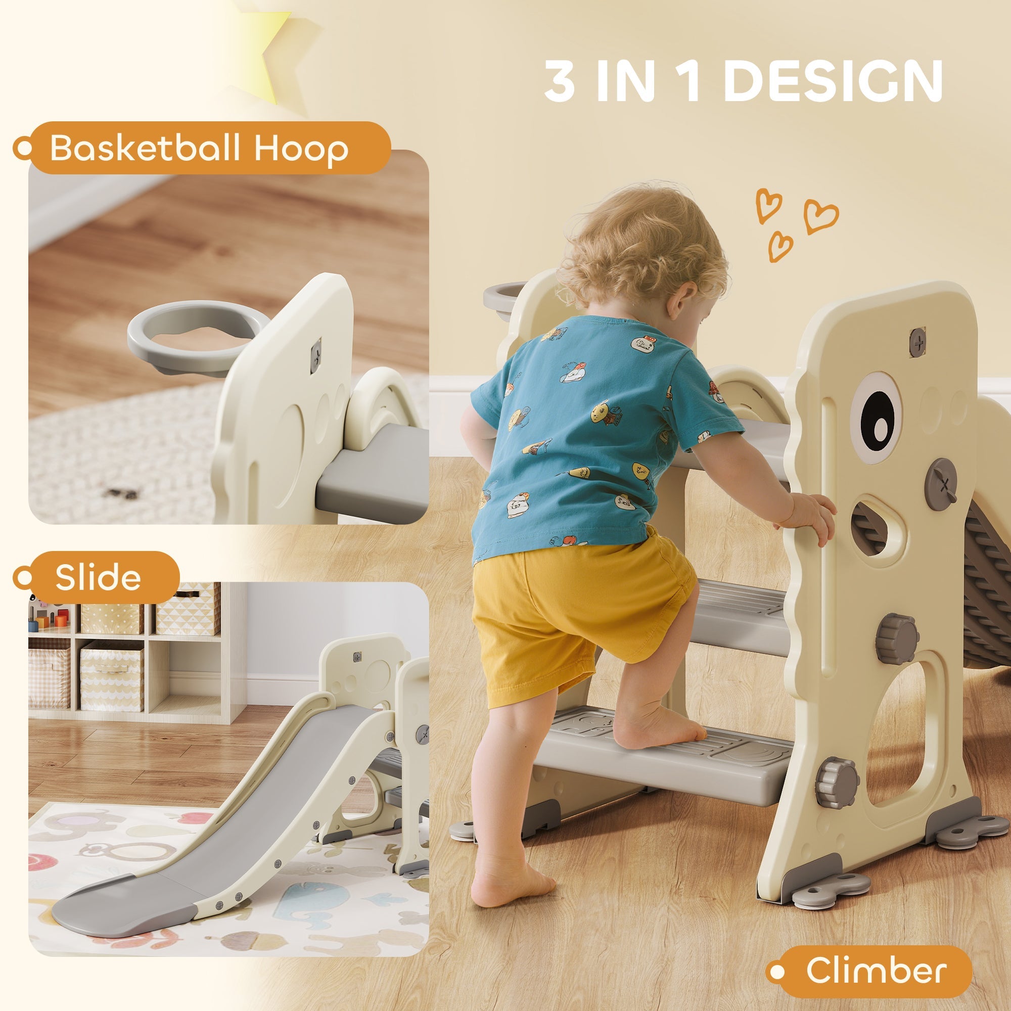 3 in 1 Kids Slide with Climber, Basketball Hoop and Ball, Foldable, Ages 2-5