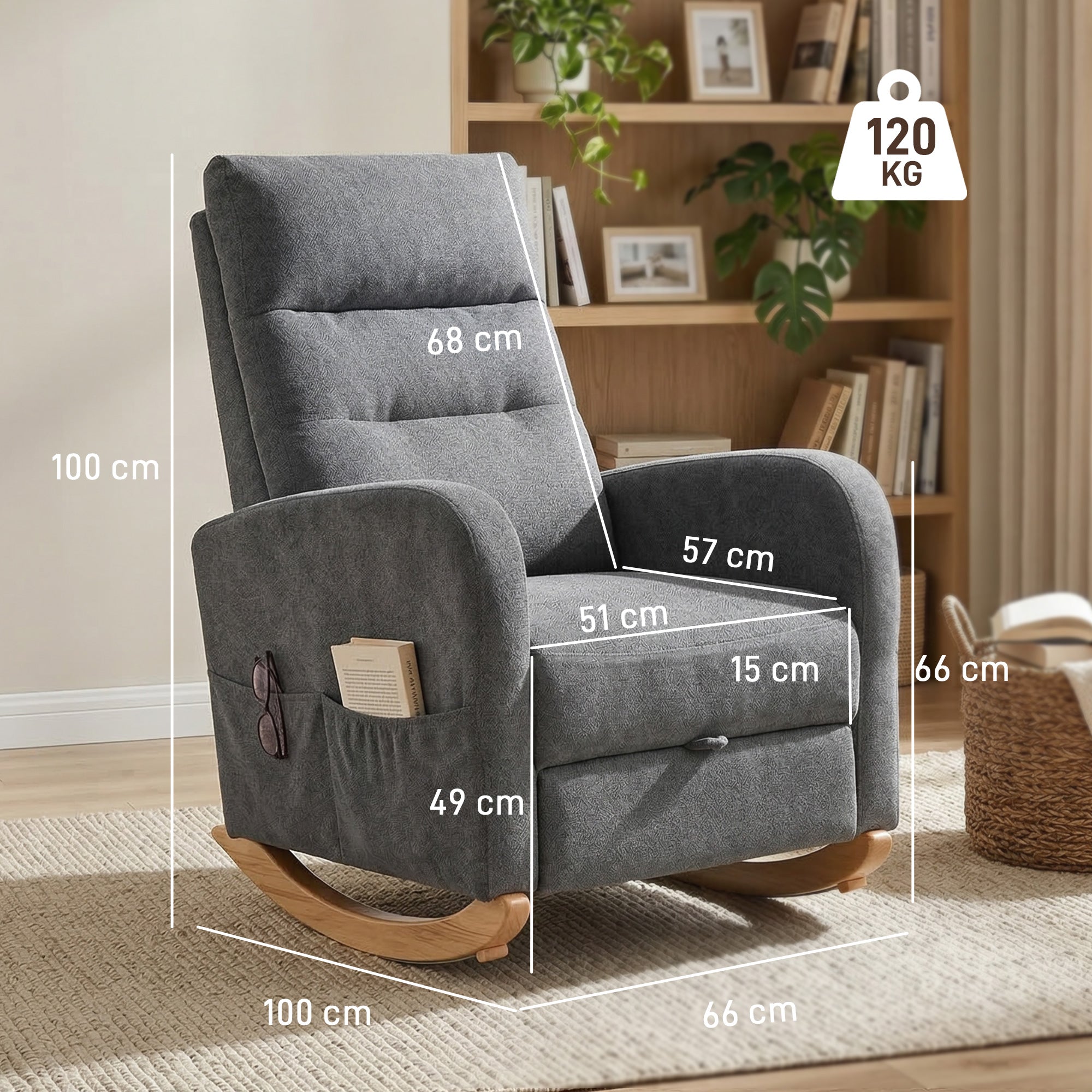 Rocking Chair Retractable Footrest - High Back for Living Room - Grey
