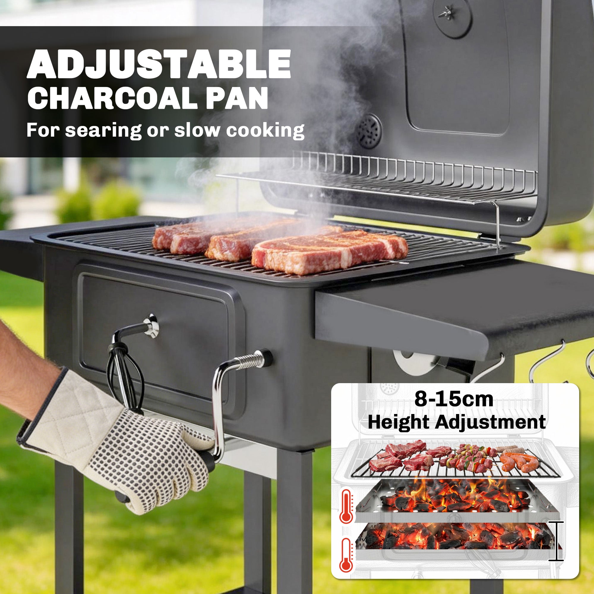 Charcoal BBQ Grill with Adjustable Charcoal Panwith Side Tables
