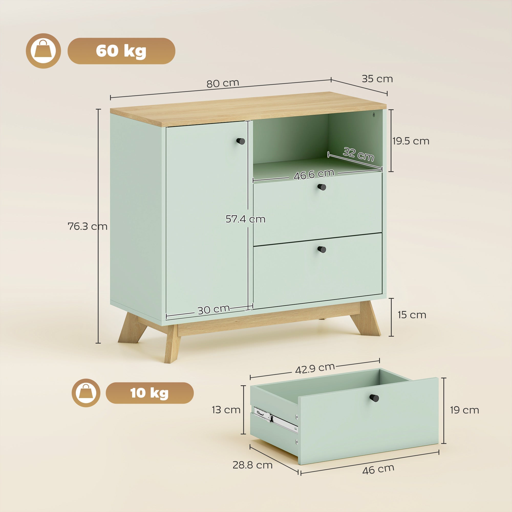 Buffet Cabinet with 2 Drawers, Open Compartment