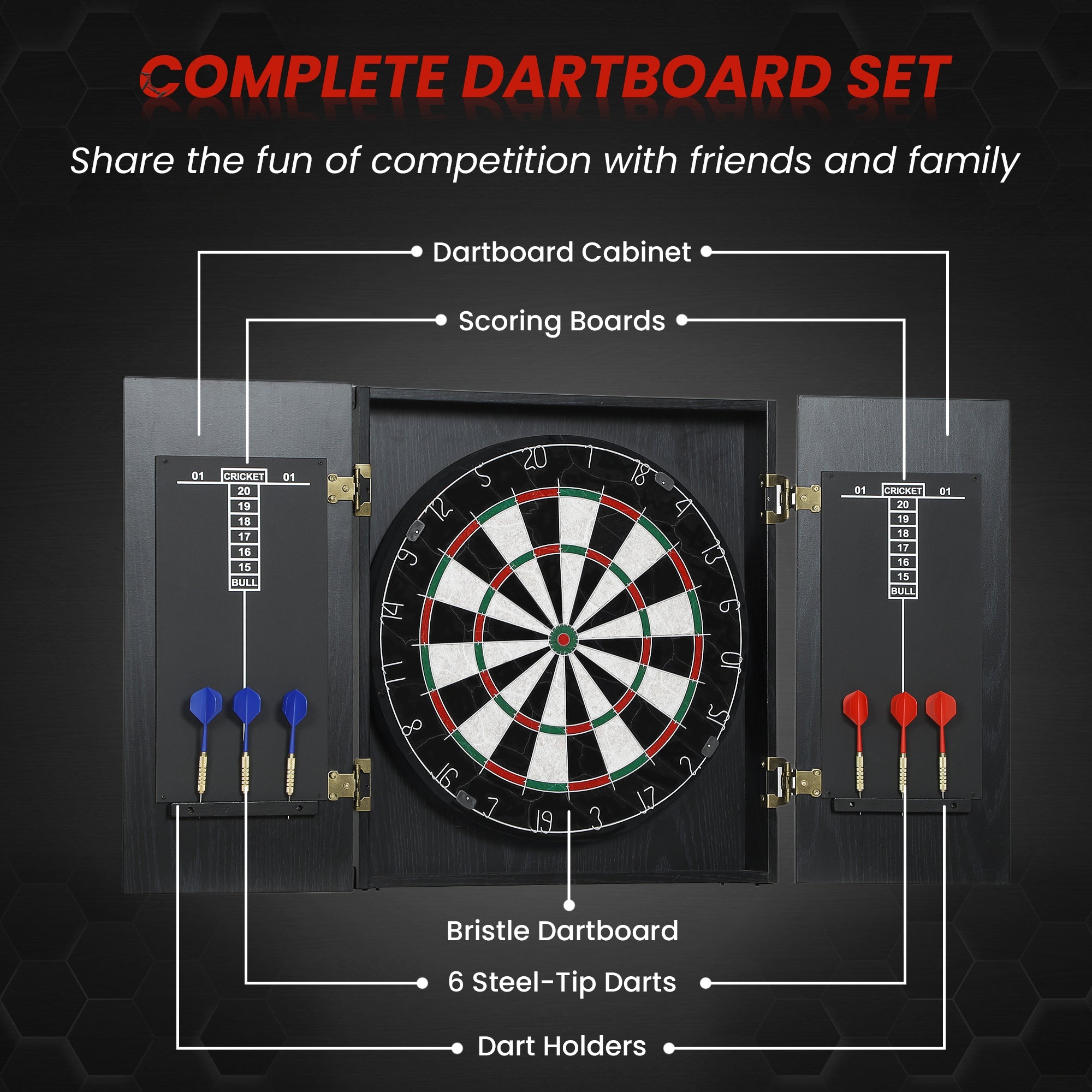 Bristle Dartboard with Cabinet, 6 Steel Tip Darts, Cabinet
