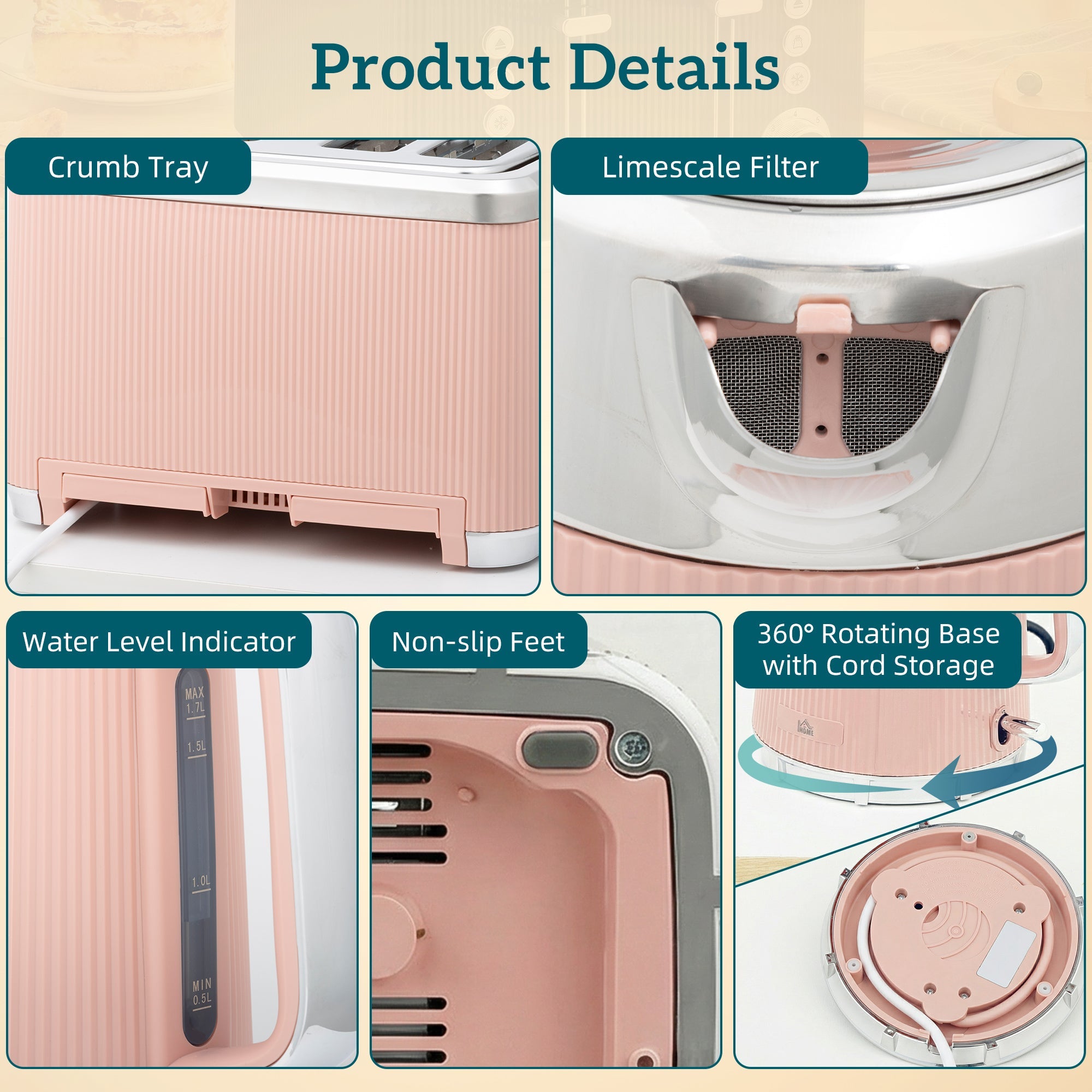 Electric Stainless Steel Kettle and Toaster Set - Pink