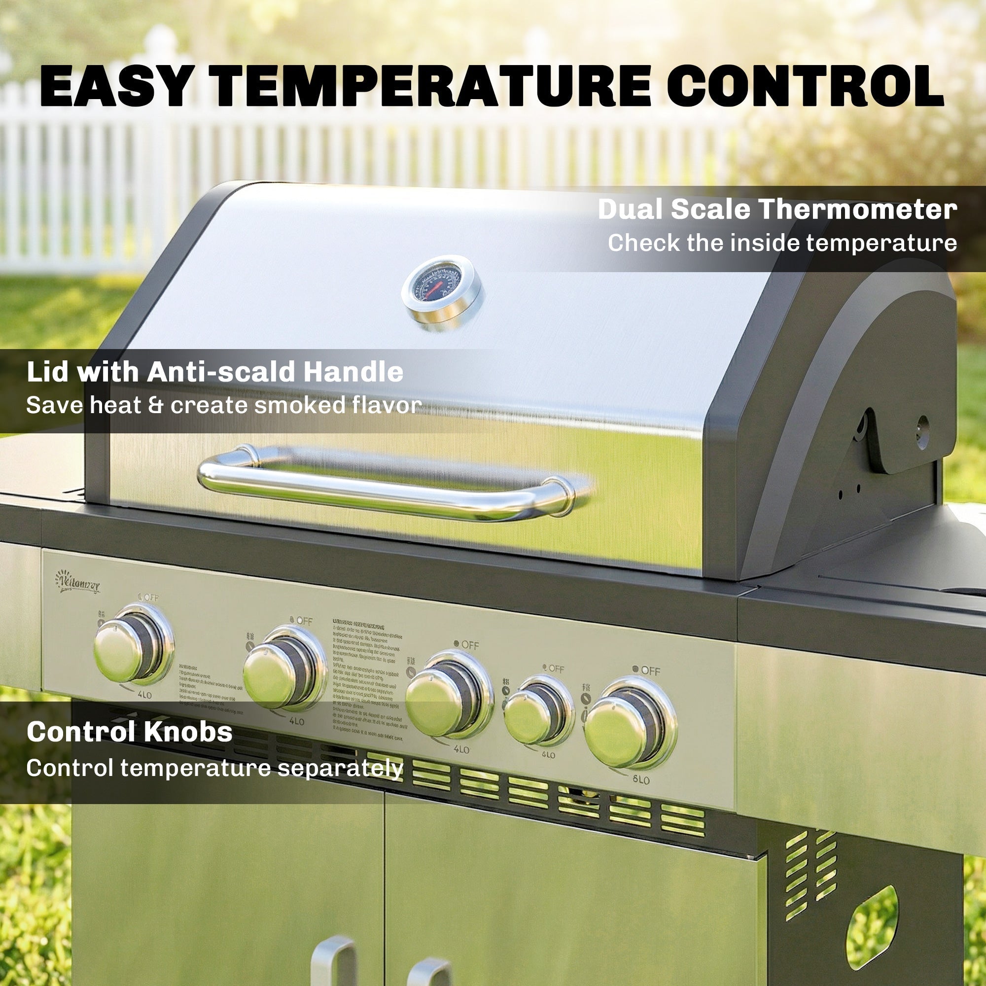 4+1 Portable Gas BBQ Grill with Side Burner, Warming Rack, Side Shelf, Storage Cabinet