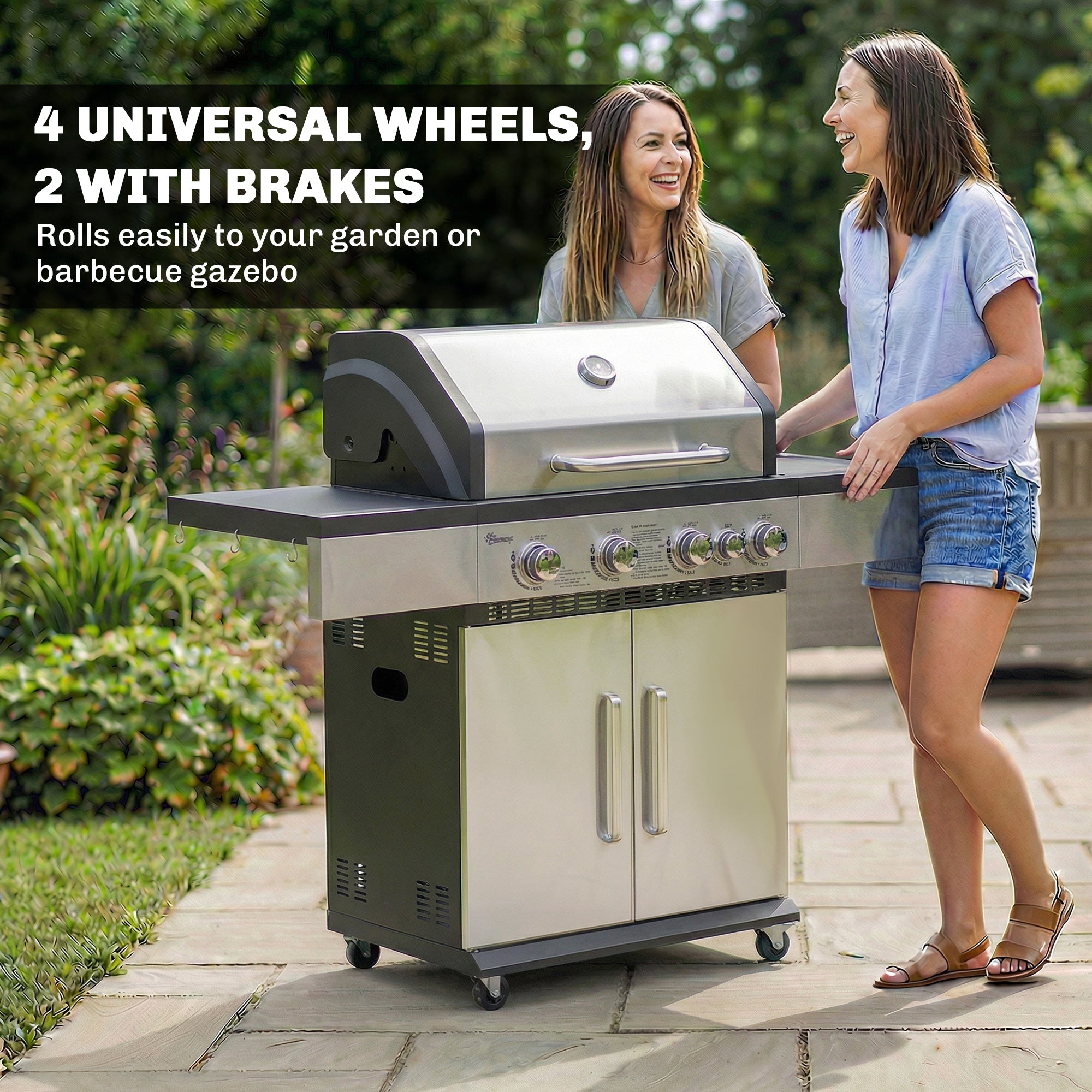 4+1 Portable Gas BBQ Grill with Side Burner, Warming Rack, Side Shelf, Storage Cabinet