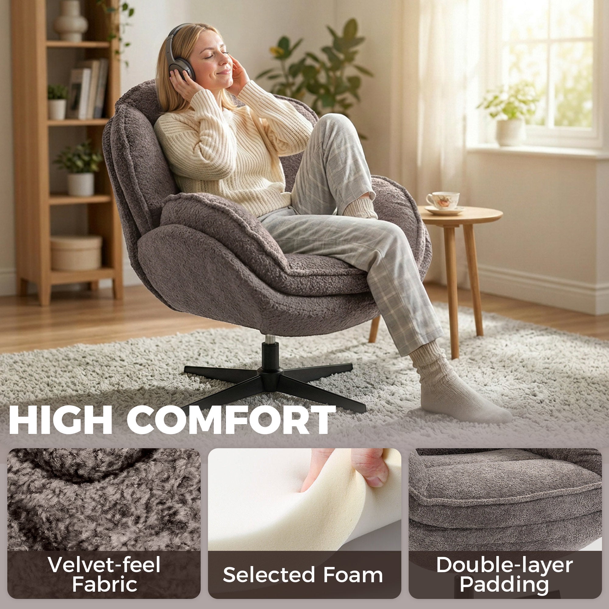 Modern Wingback Velvet Accent Armchair with Four-Star Base, S-Springs