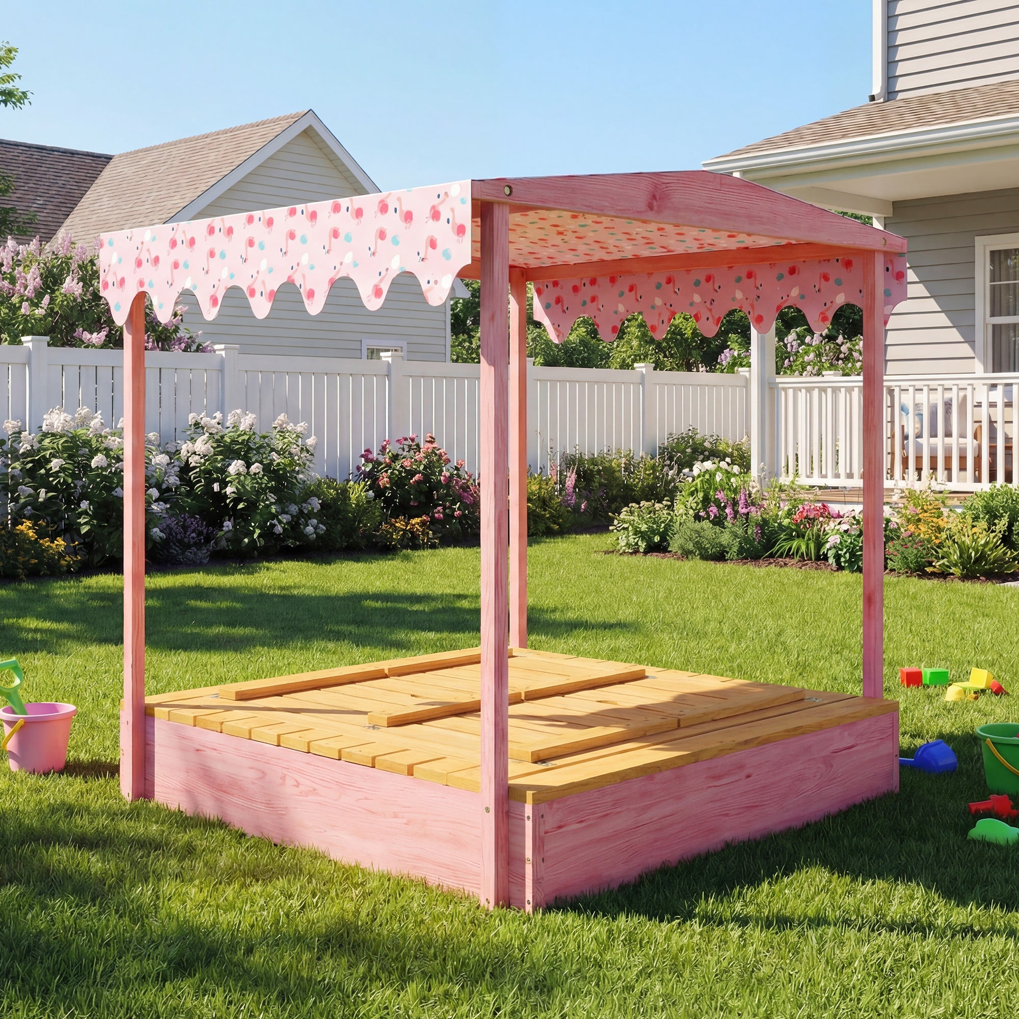 Kids Outdoor Sand Pit with Foldable Bench Seats, Flamingos Print Canopy