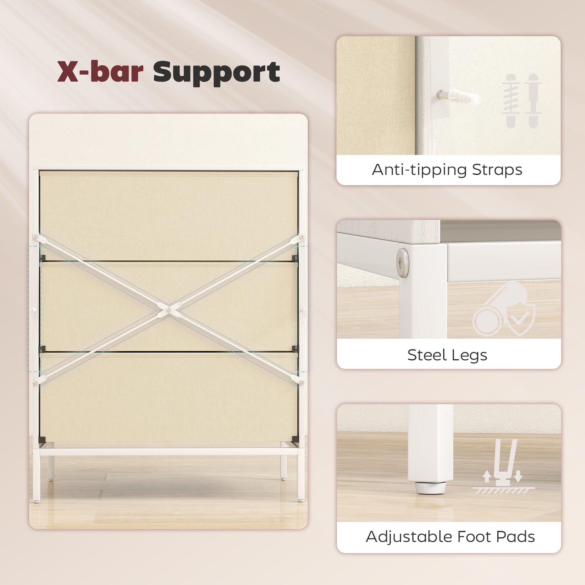 Chest of Drawers, Dresser with 3 Fabric Drawers