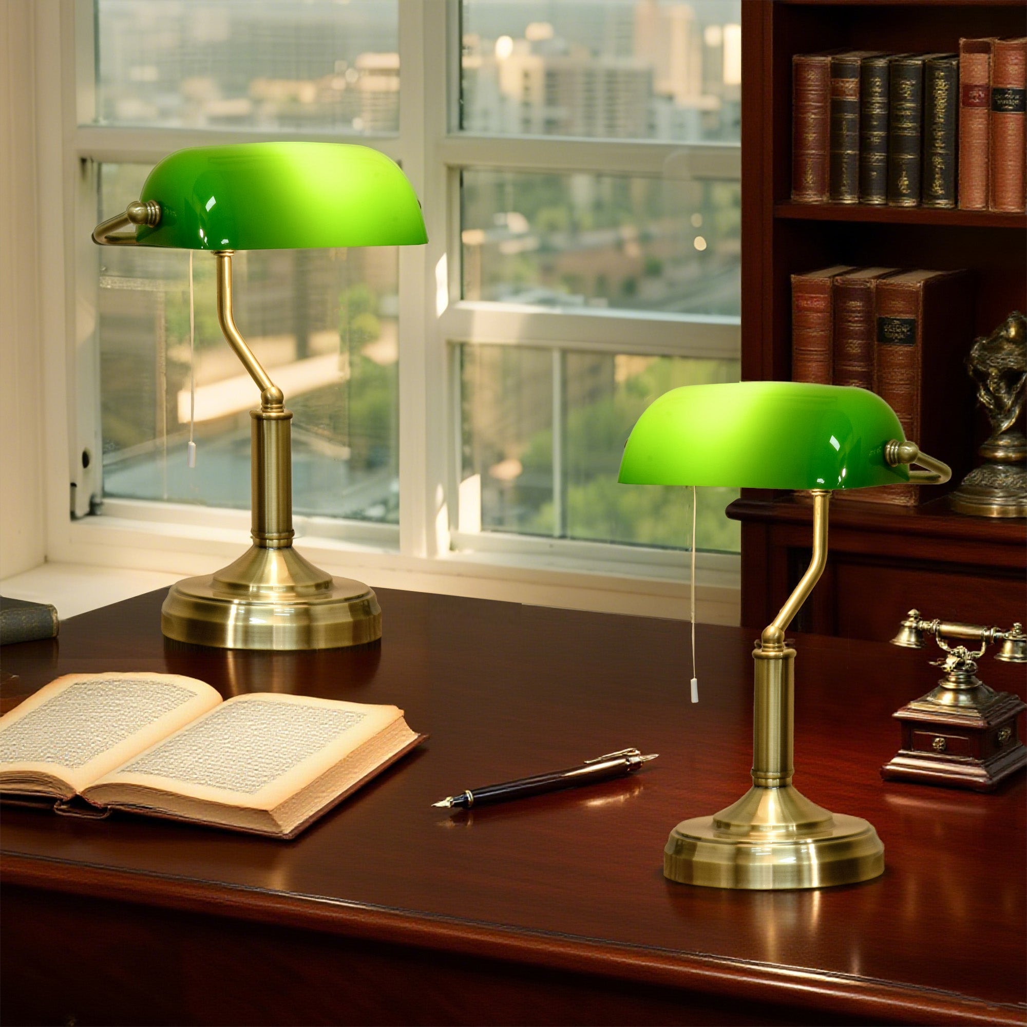 Banker's Table Lamps Set of 2 with Antique Bronze Tone Base