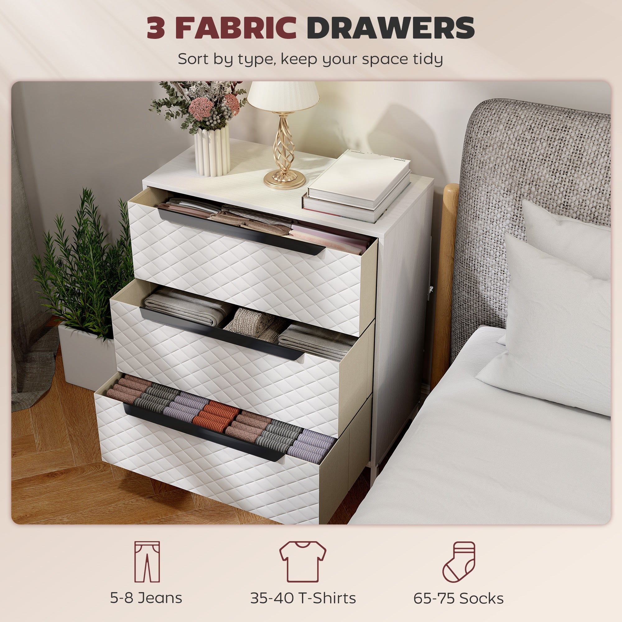 Chest of Drawers, Dresser with 3 Fabric Drawers