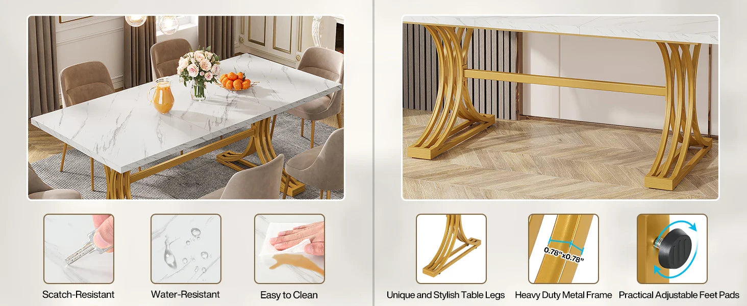63-Inch Rectangular Dining Table for 4 to 6, Marble Table Top