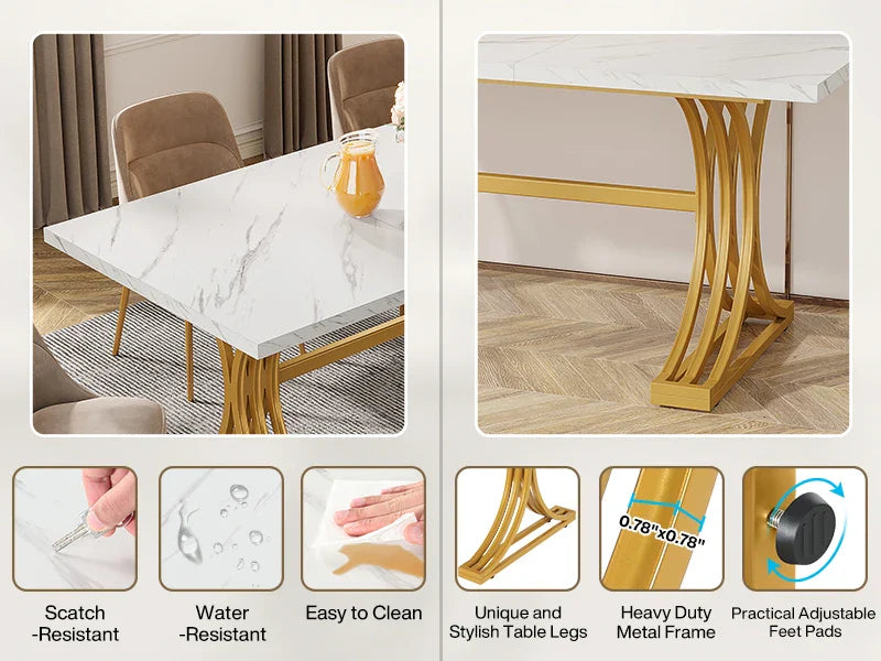 63-Inch Rectangular Dining Table for 4 to 6, Marble Table Top