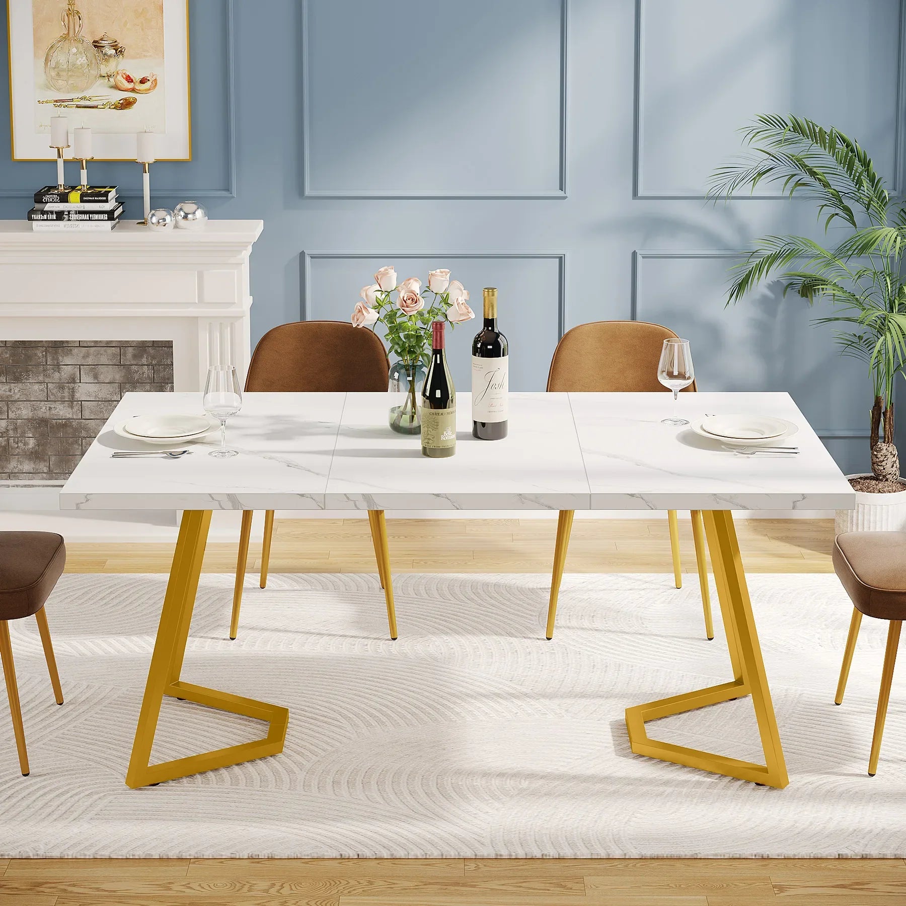 63-Inch Rectangular Dining Table for 4 to 6, Marble Table Top