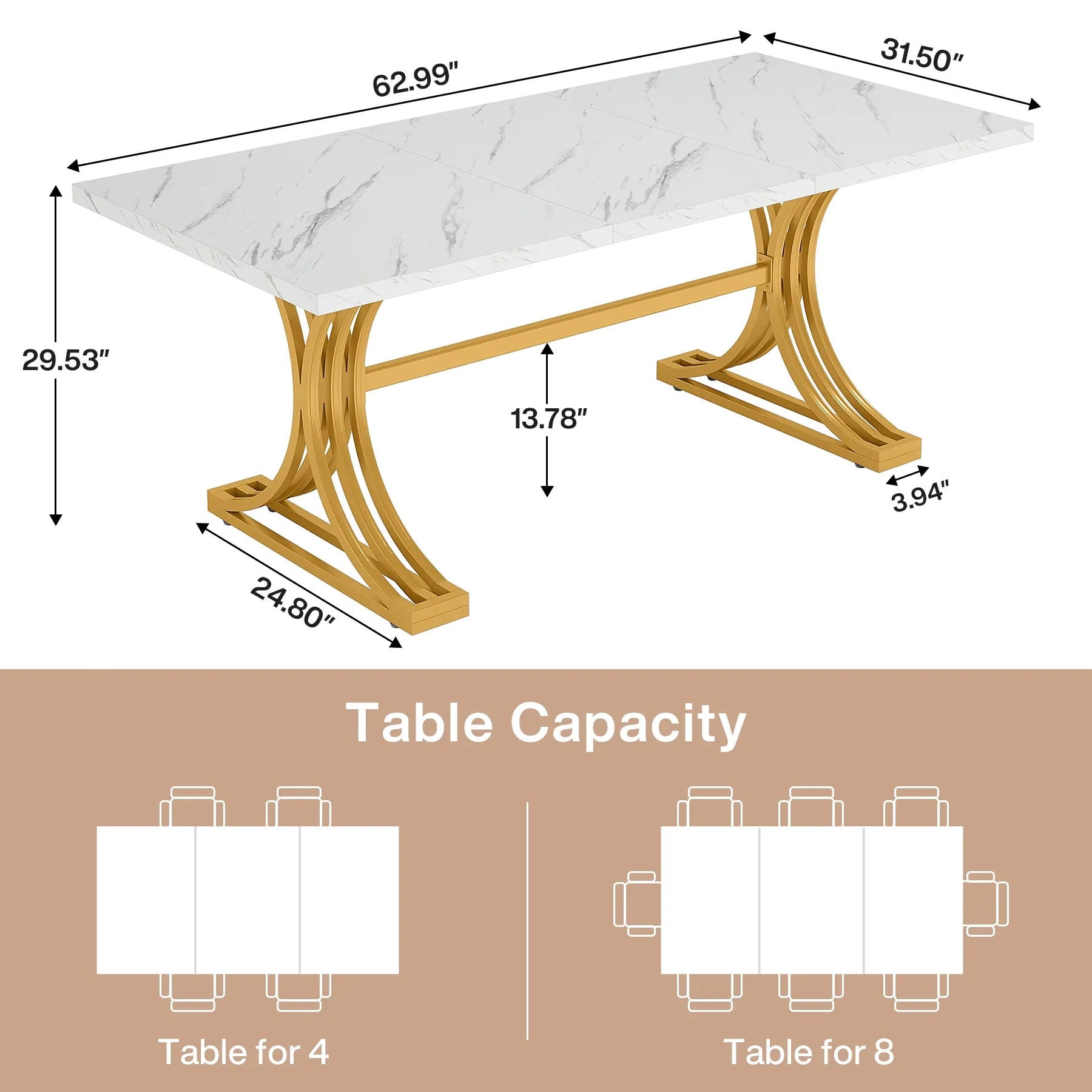 63-Inch Rectangular Dining Table for 4 to 6, Marble Table Top