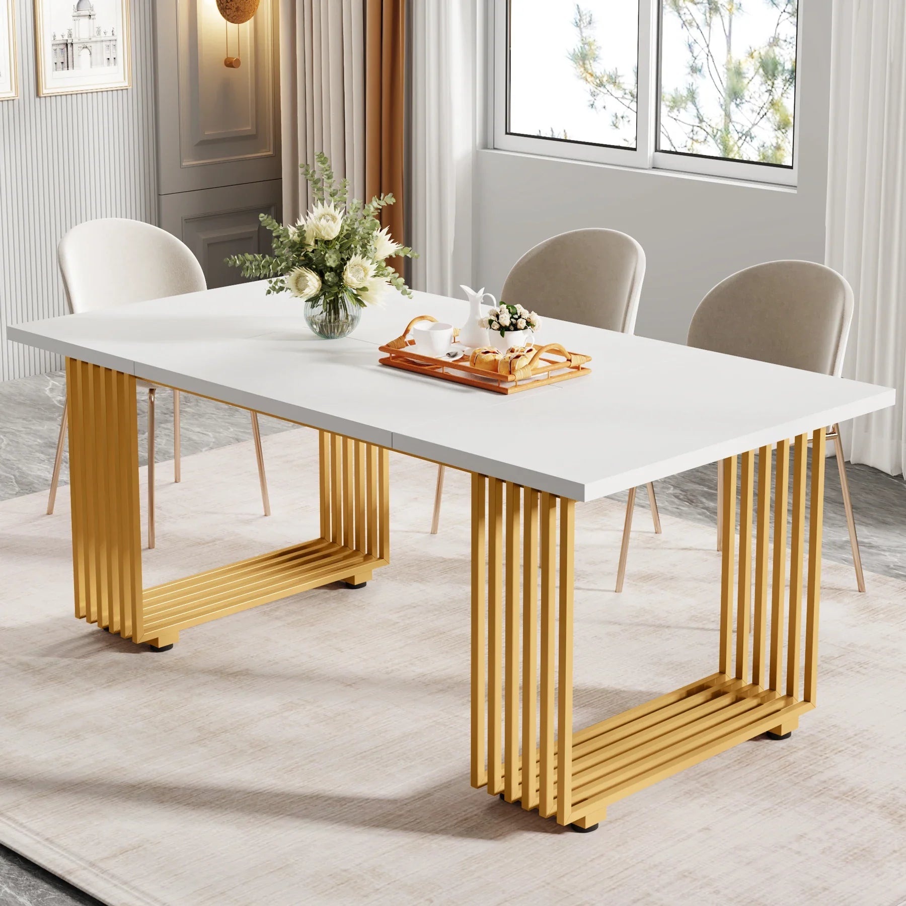 63-Inch Rectangular Dining Table for 4 to 6, Marble Table Top