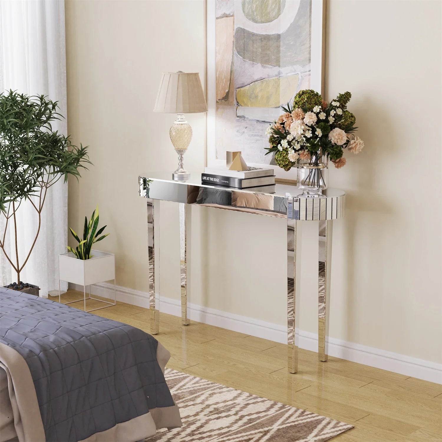 Ultra Long Silver Mirrored Entry Console Table, Vanity Table