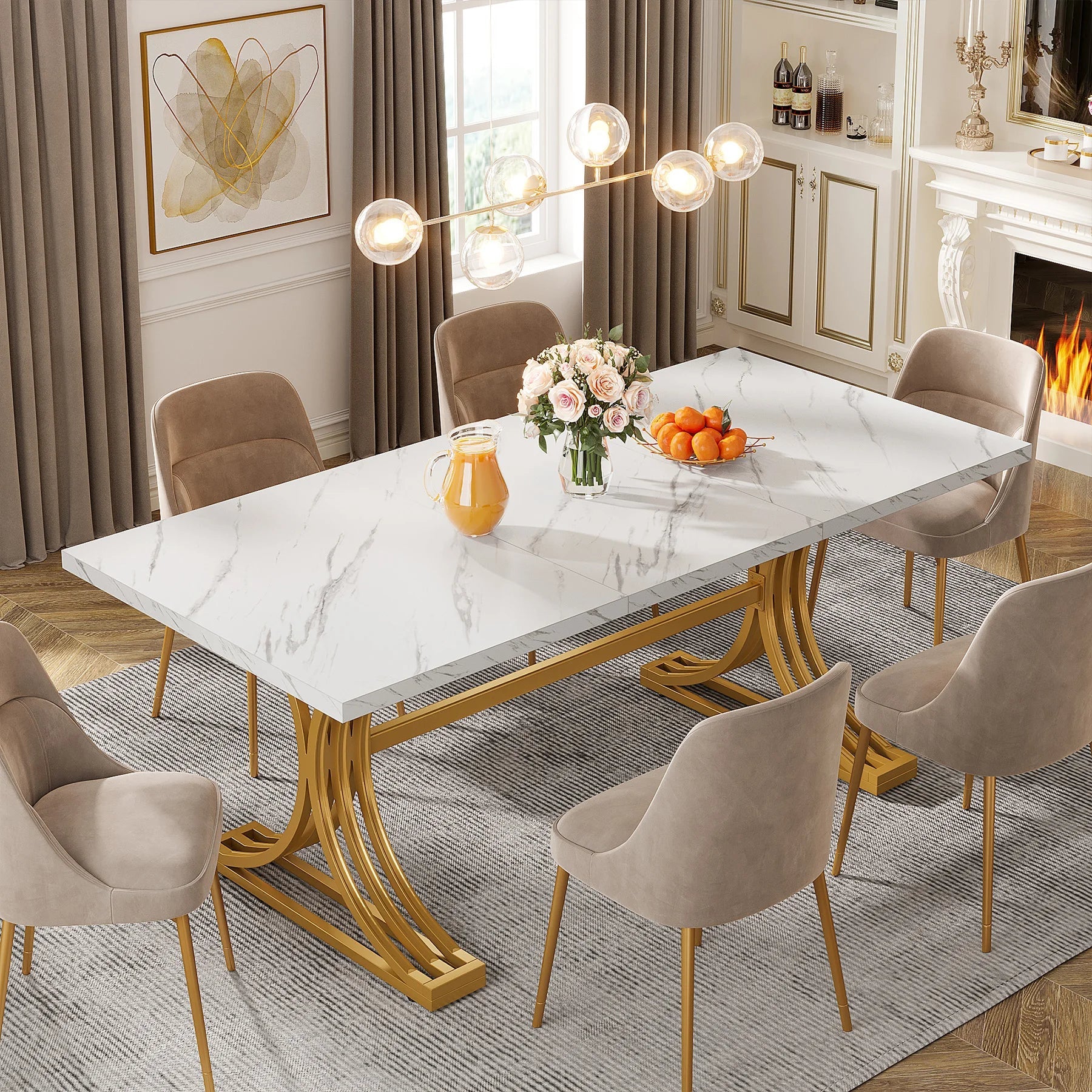 63-Inch Rectangular Dining Table for 4 to 6, Marble Table Top