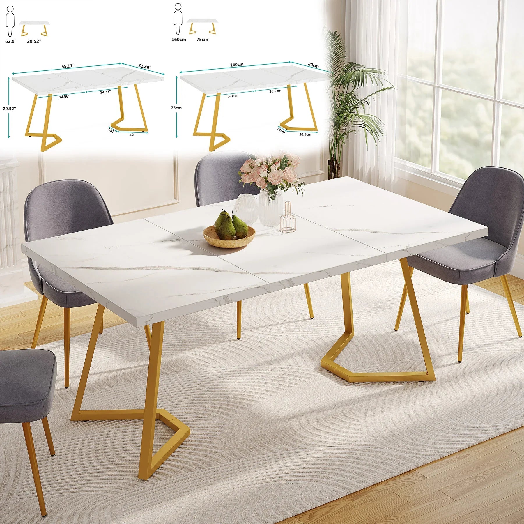 63-Inch Rectangular Dining Table for 4 to 6, Marble Table Top