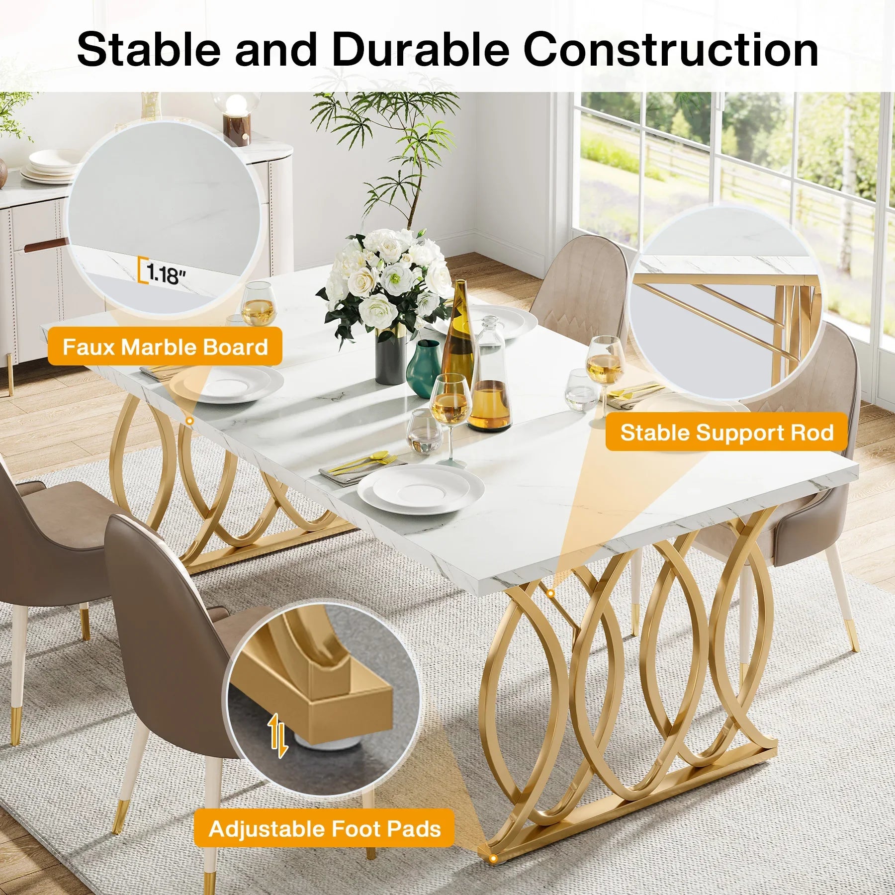 63-Inch Rectangular Dining Table for 4 to 6, Marble Table Top