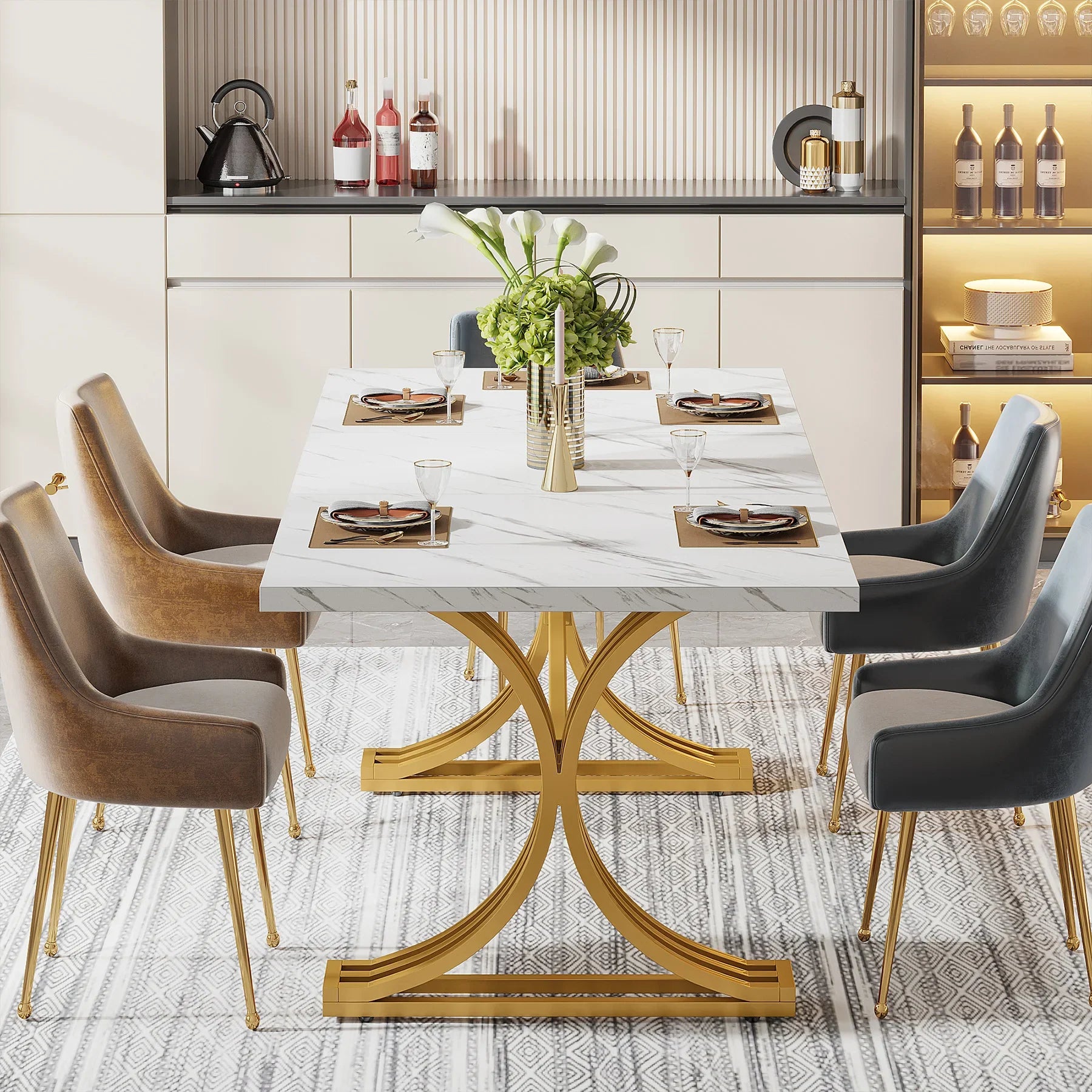 63-Inch Rectangular Dining Table for 4 to 6, Marble Table Top