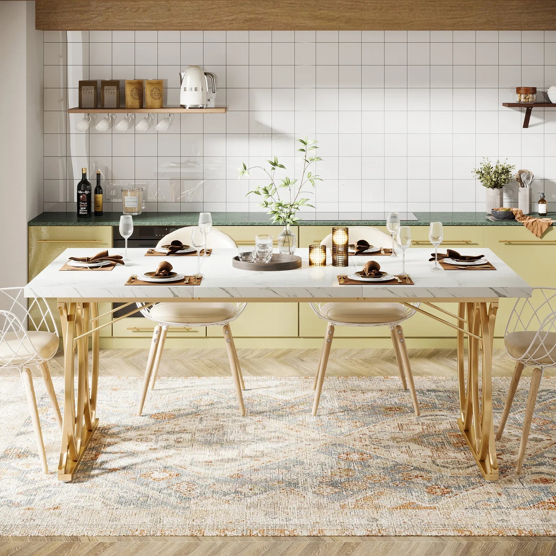 63-Inch Rectangular Dining Table for 4 to 6, Marble Table Top