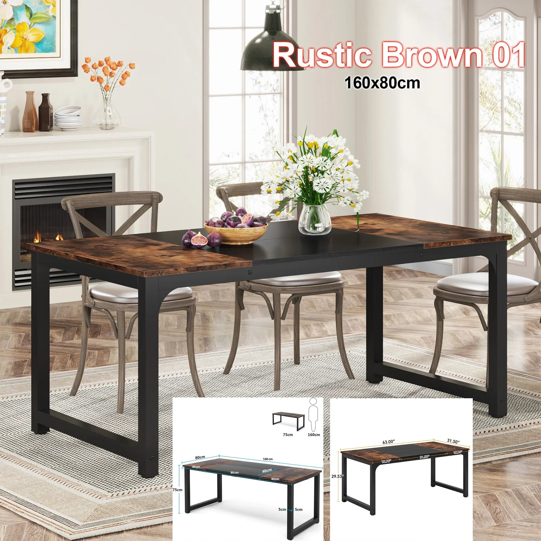 63"x31.5" Dining Table, Industrial Kitchen Table for 6-8 Person