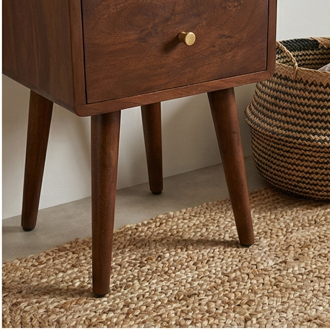 Walnut Narrow Bedside Table with Brass Drawer Pulls - 30cm
