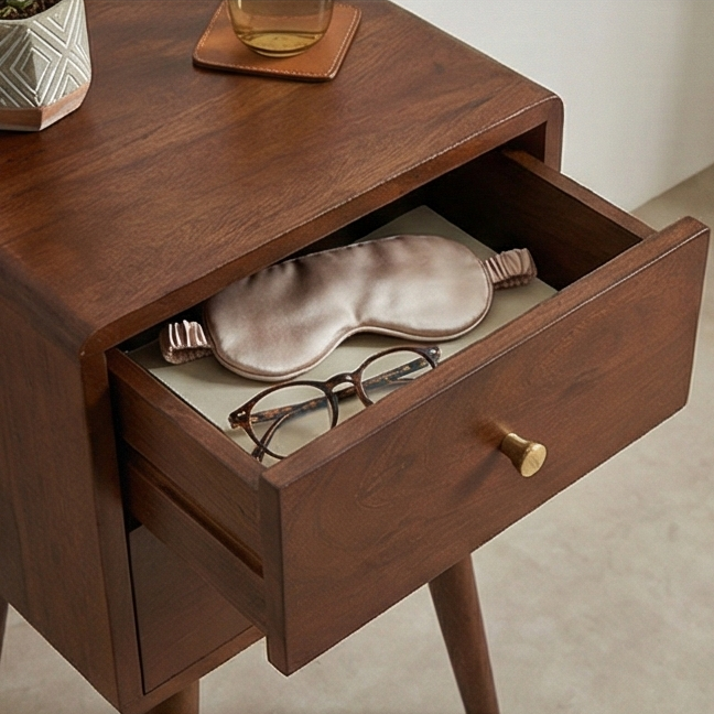 Walnut Narrow Bedside Table with Brass Drawer Pulls - 30cm
