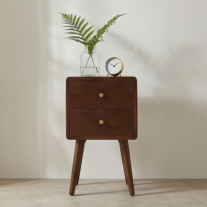 Walnut Narrow Bedside Table with Brass Drawer Pulls - 30cm