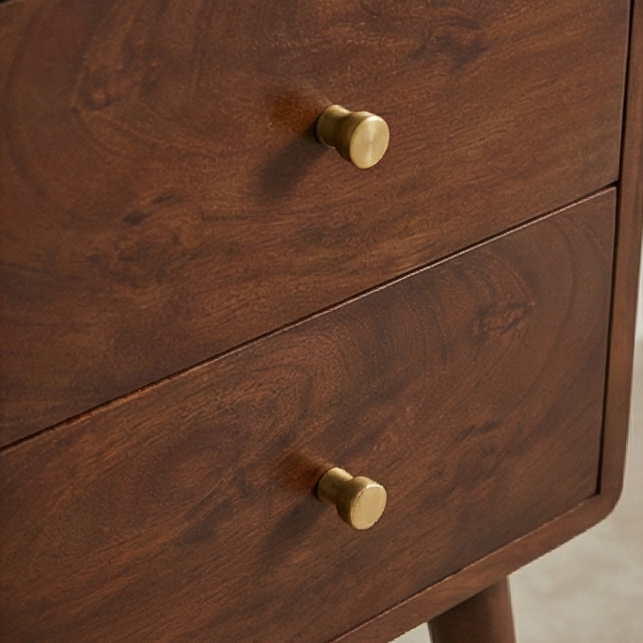 Walnut Narrow Bedside Table with Brass Drawer Pulls - 30cm