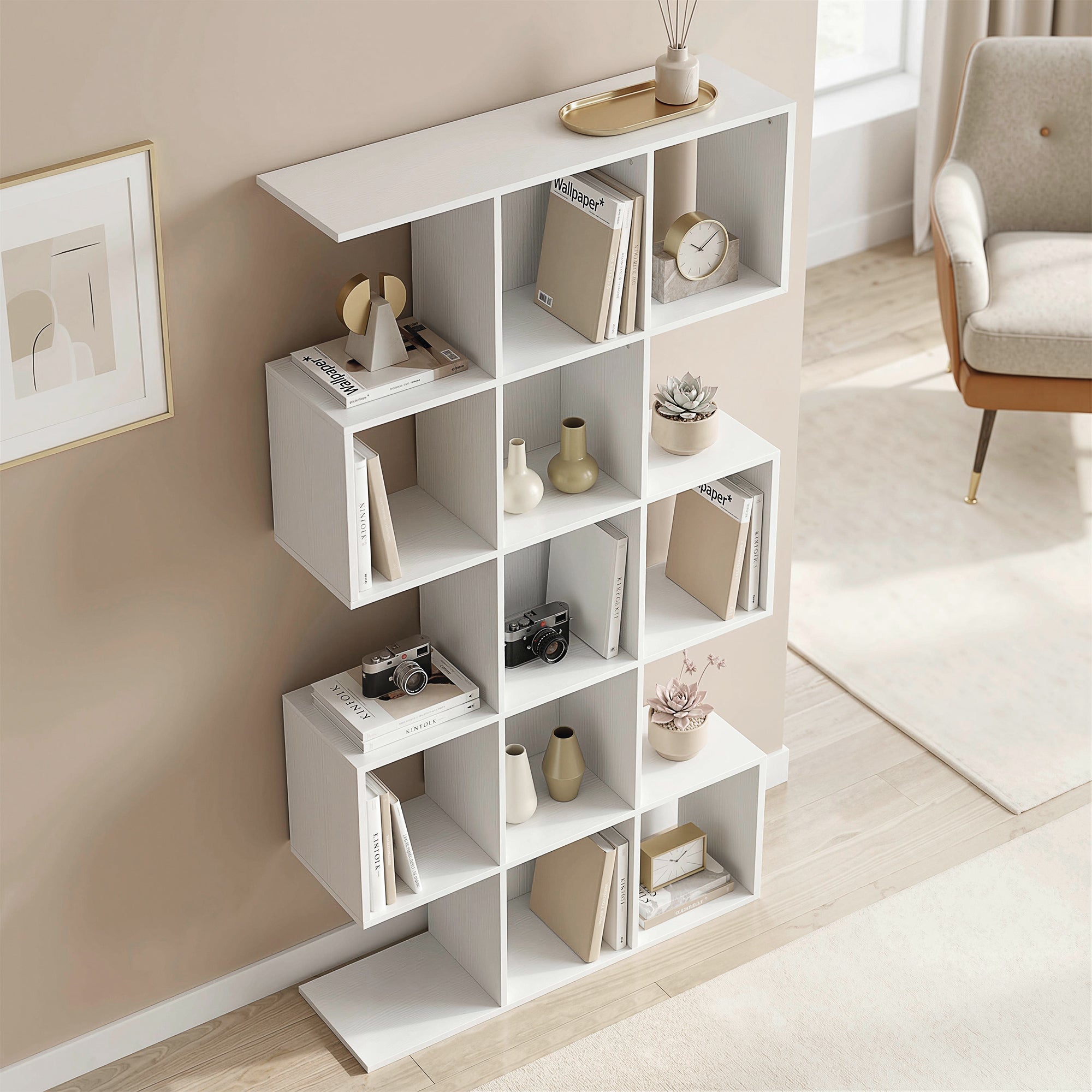 Bookshelf, S Shaped Geometric Bookcase with 15 Compartments, 5-Tier