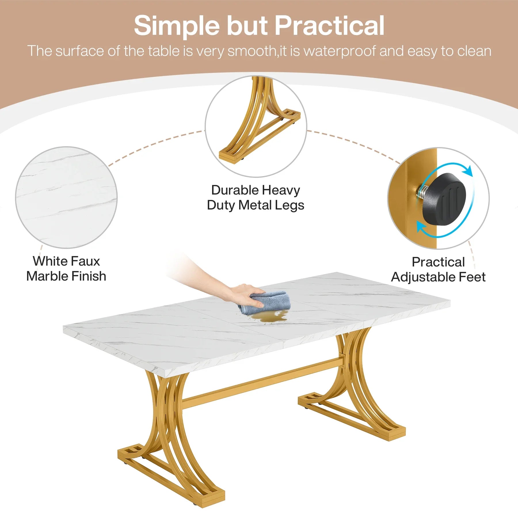 63-Inch Rectangular Dining Table for 4 to 6, Marble Table Top
