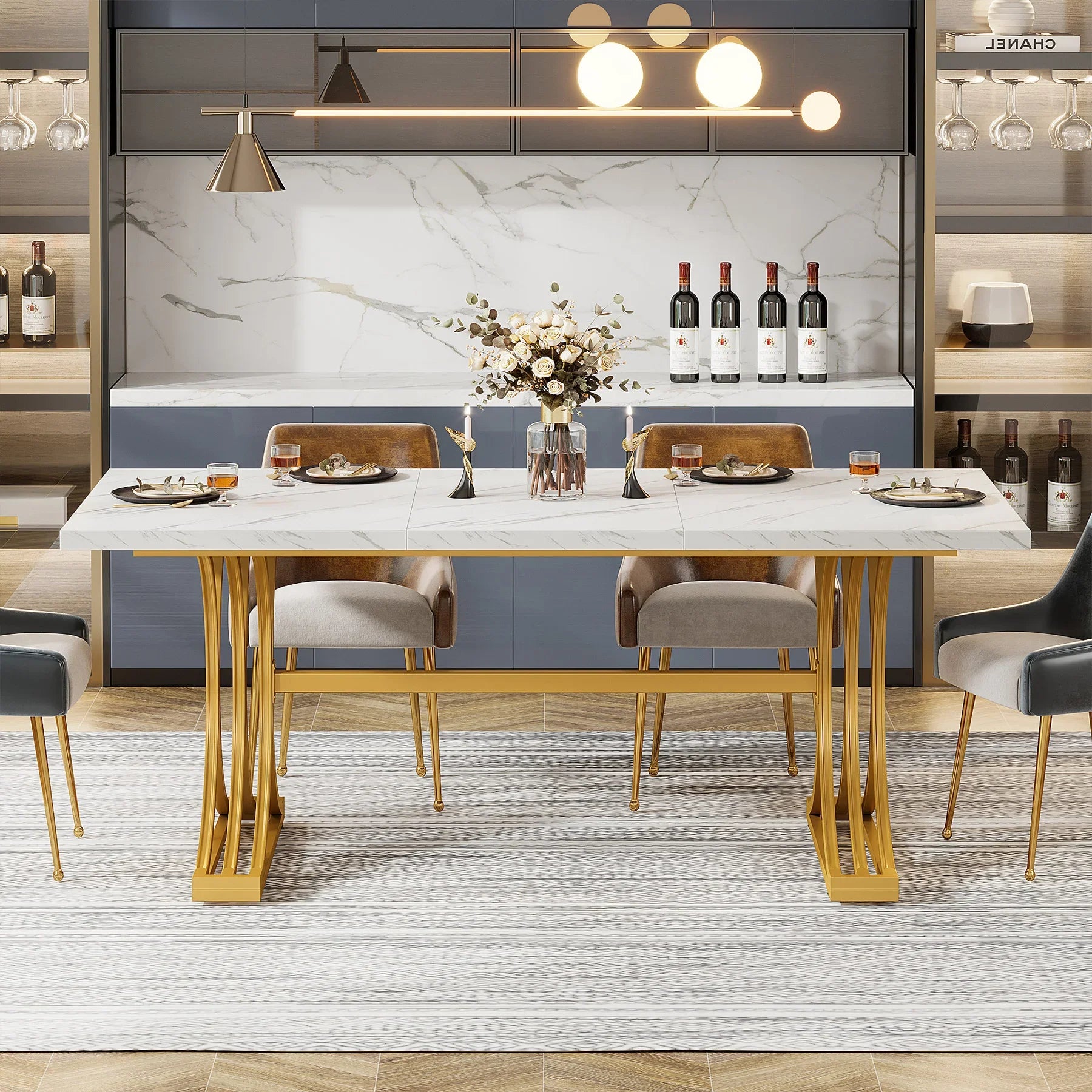 63-Inch Rectangular Dining Table for 4 to 6, Marble Table Top