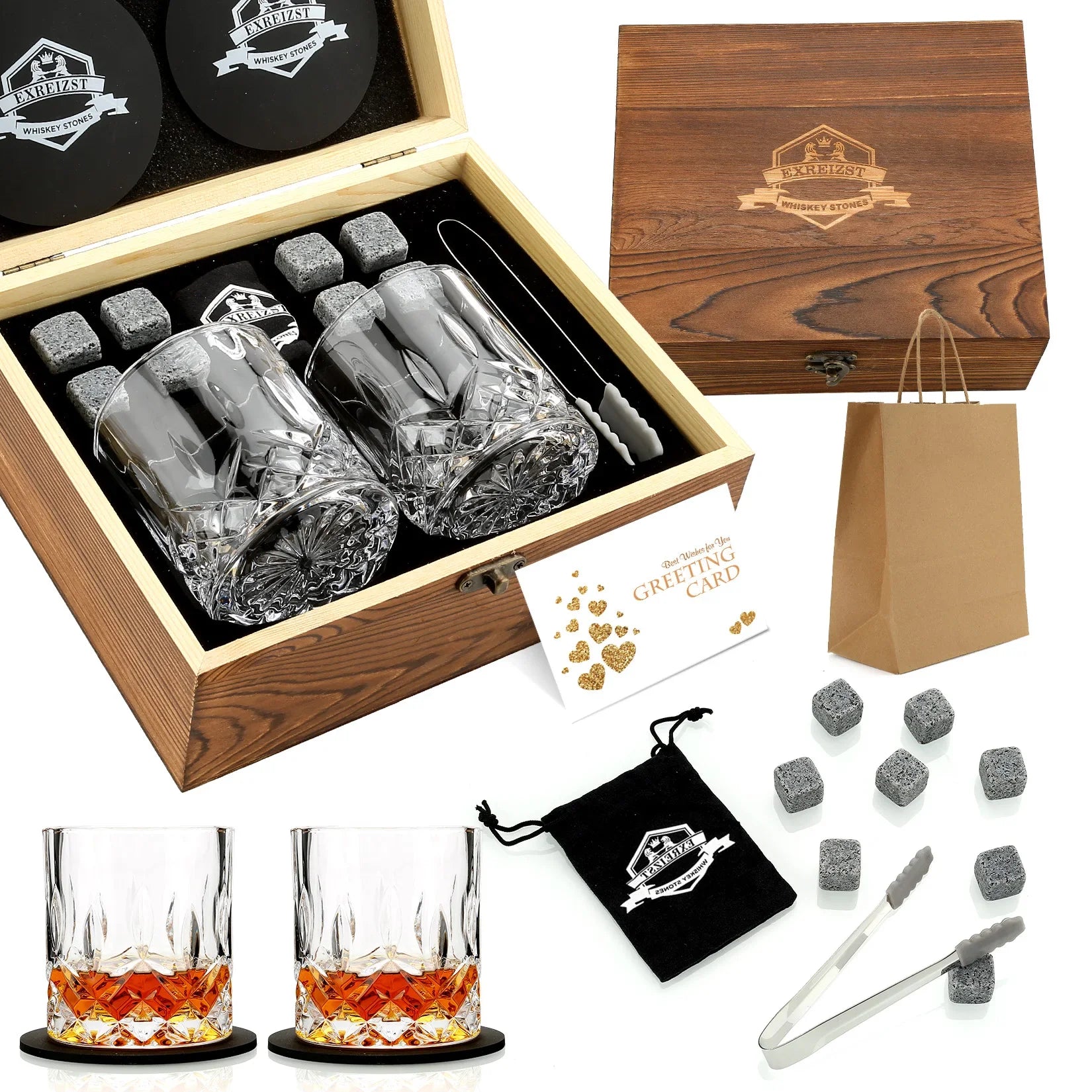 Whiskey Stones & Glasses Set, Granite Ice Cube For Whisky