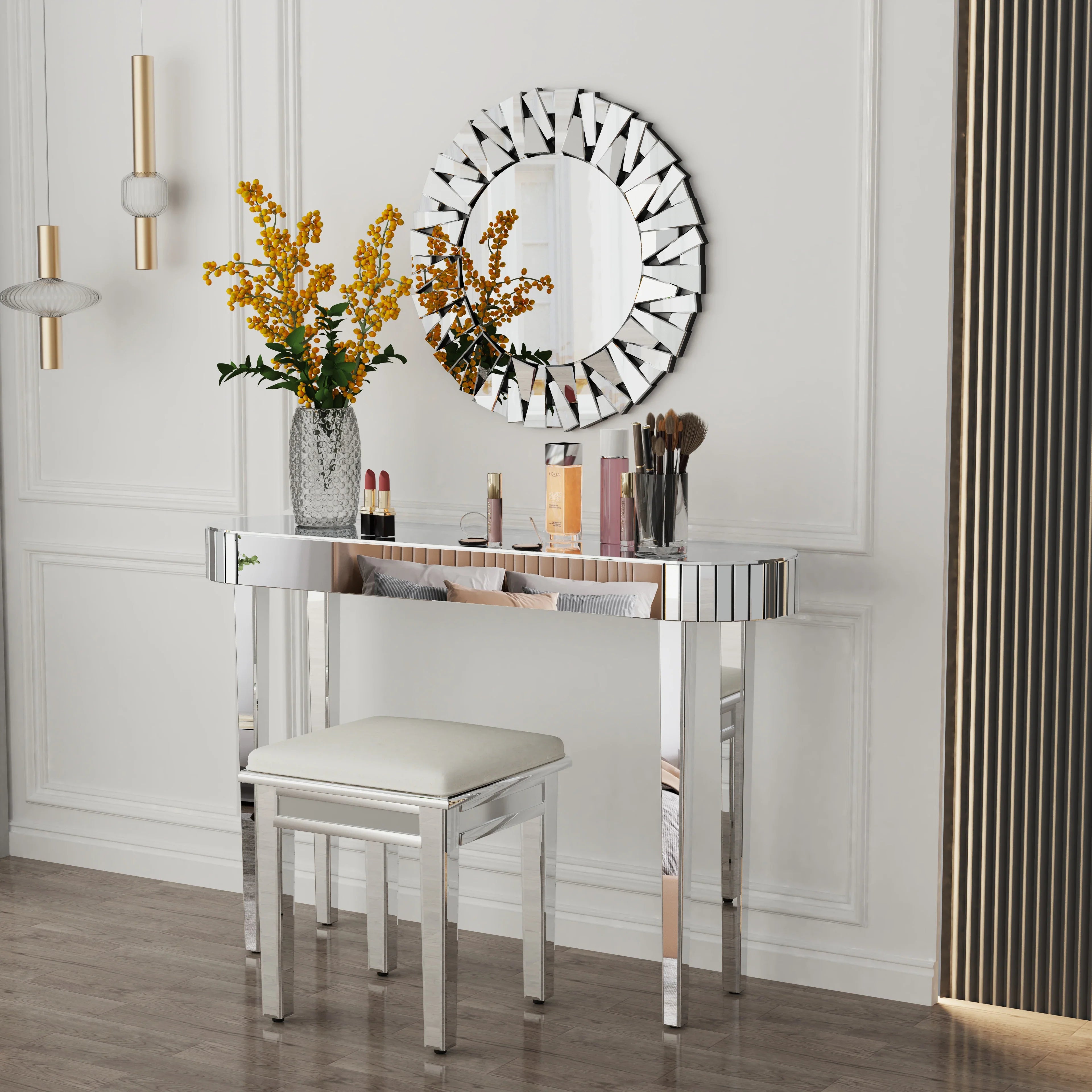 Ultra Long Silver Mirrored Entry Console Table, Vanity Table