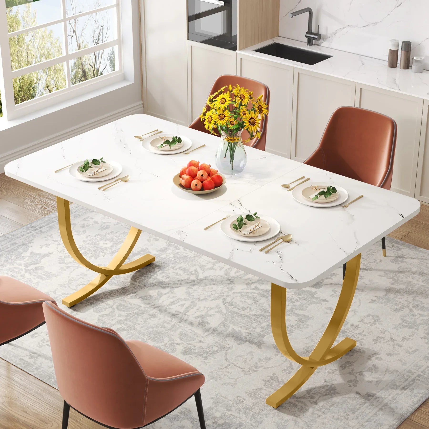 63-Inch Rectangular Dining Table for 4 to 6, Marble Table Top