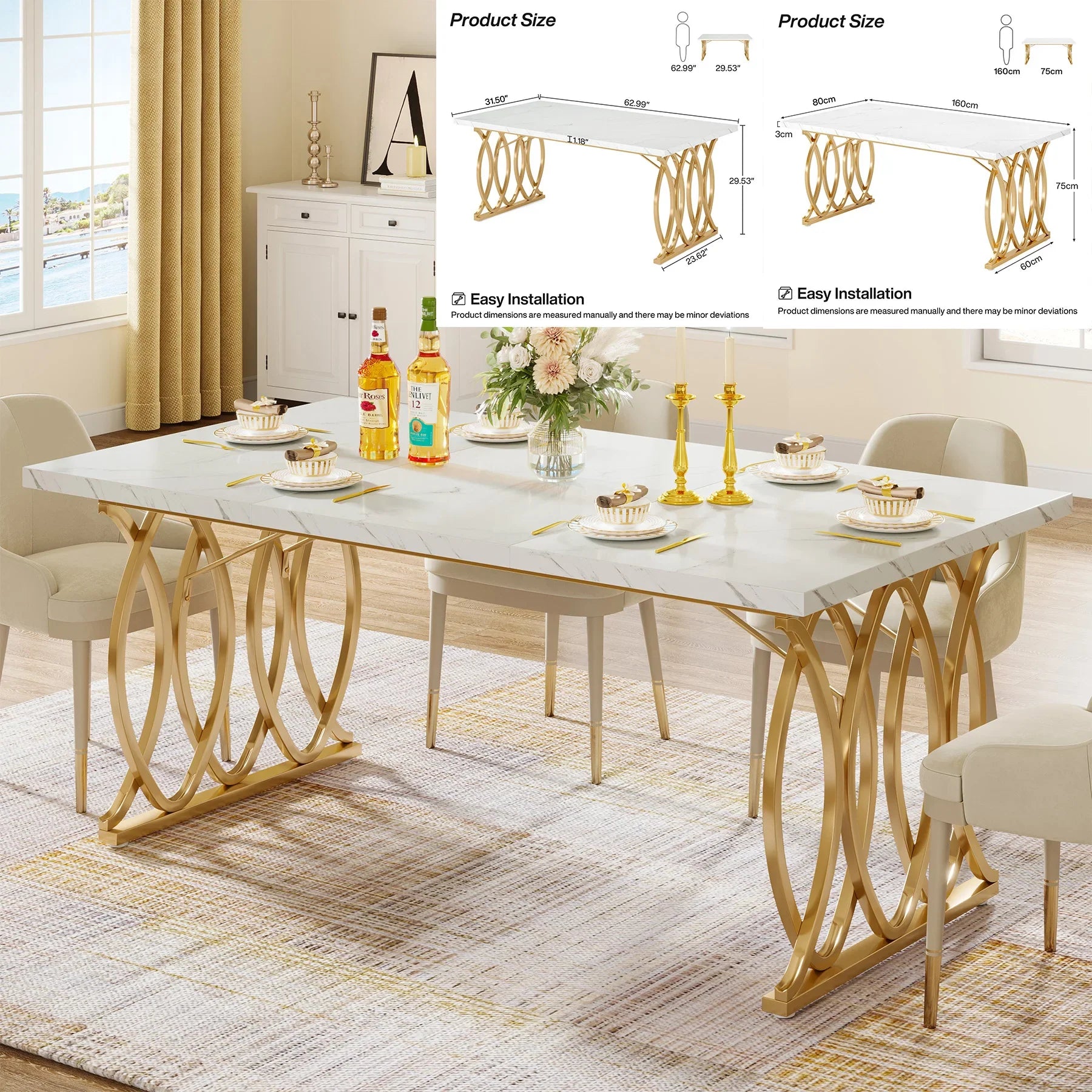 63-Inch Rectangular Dining Table for 4 to 6, Marble Table Top